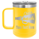 Personalized yellow 15 oz vacuum insulated coffee mug with 'Cheer Coach2' design
