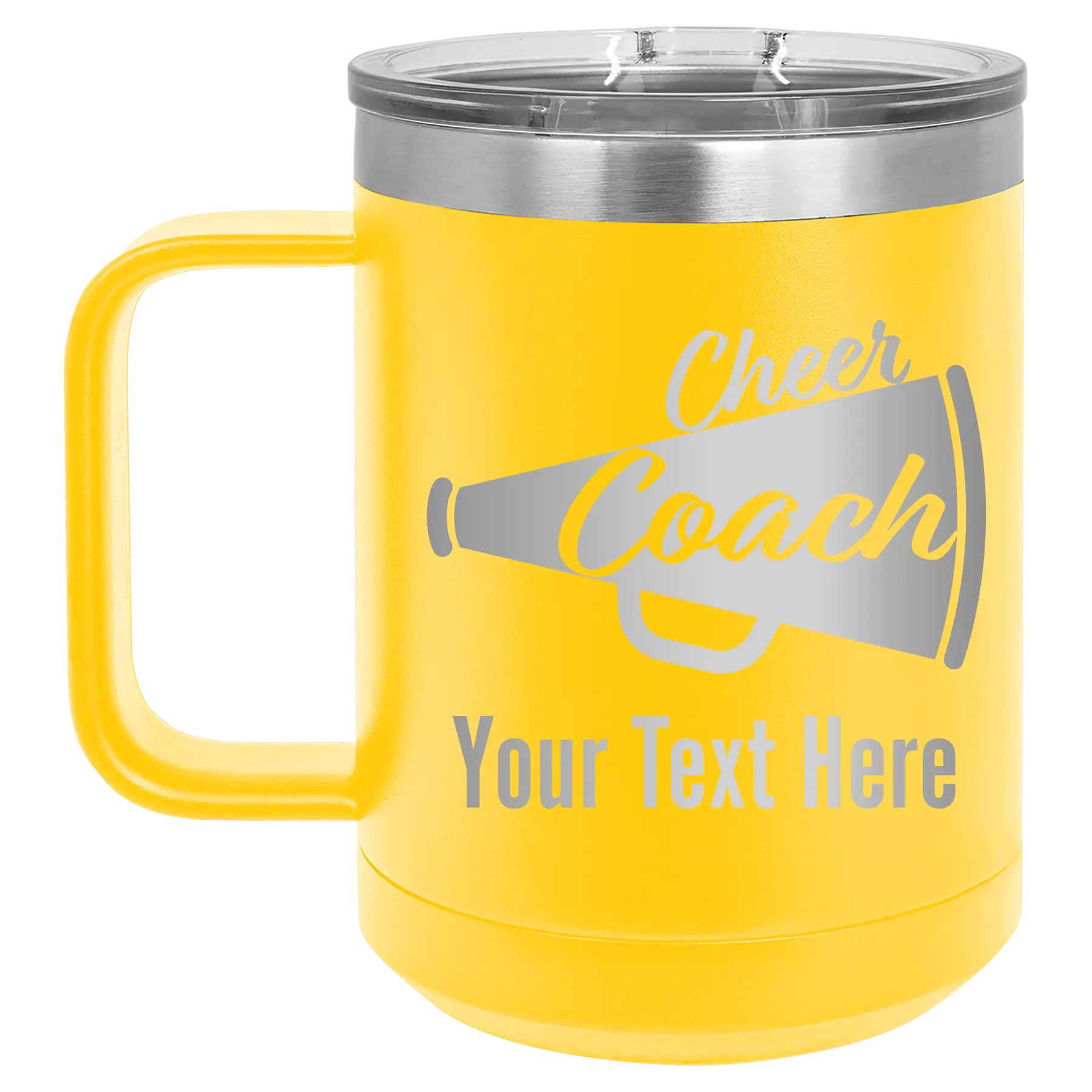 Personalized yellow 15 oz vacuum insulated coffee mug with 'Cheer Coach2' design