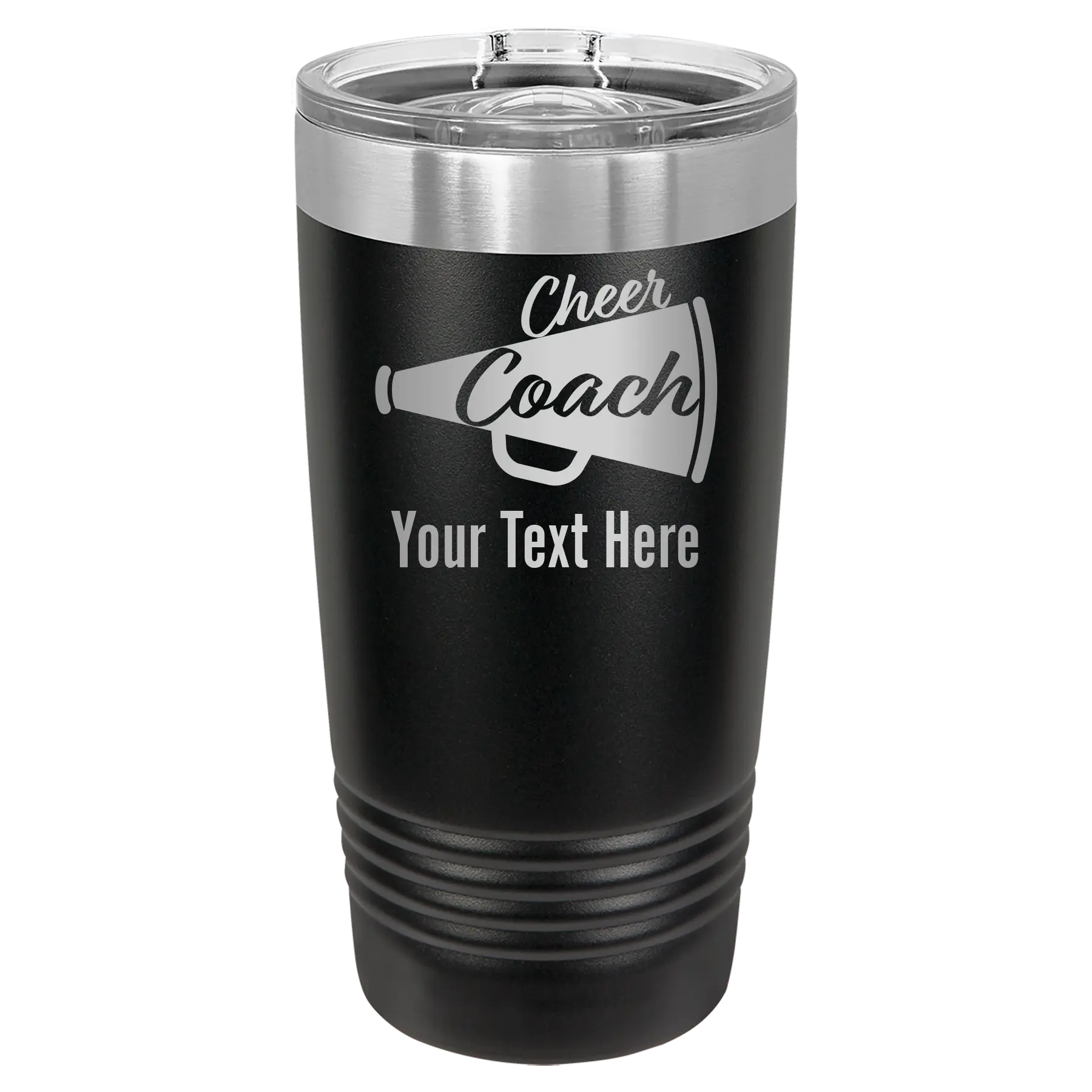 Personalized black 20 oz vacuum insulated tumbler with 'Cheer Coach2' design