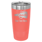 Personalized coral 20 oz vacuum insulated tumbler with 'Cheer Coach2' design