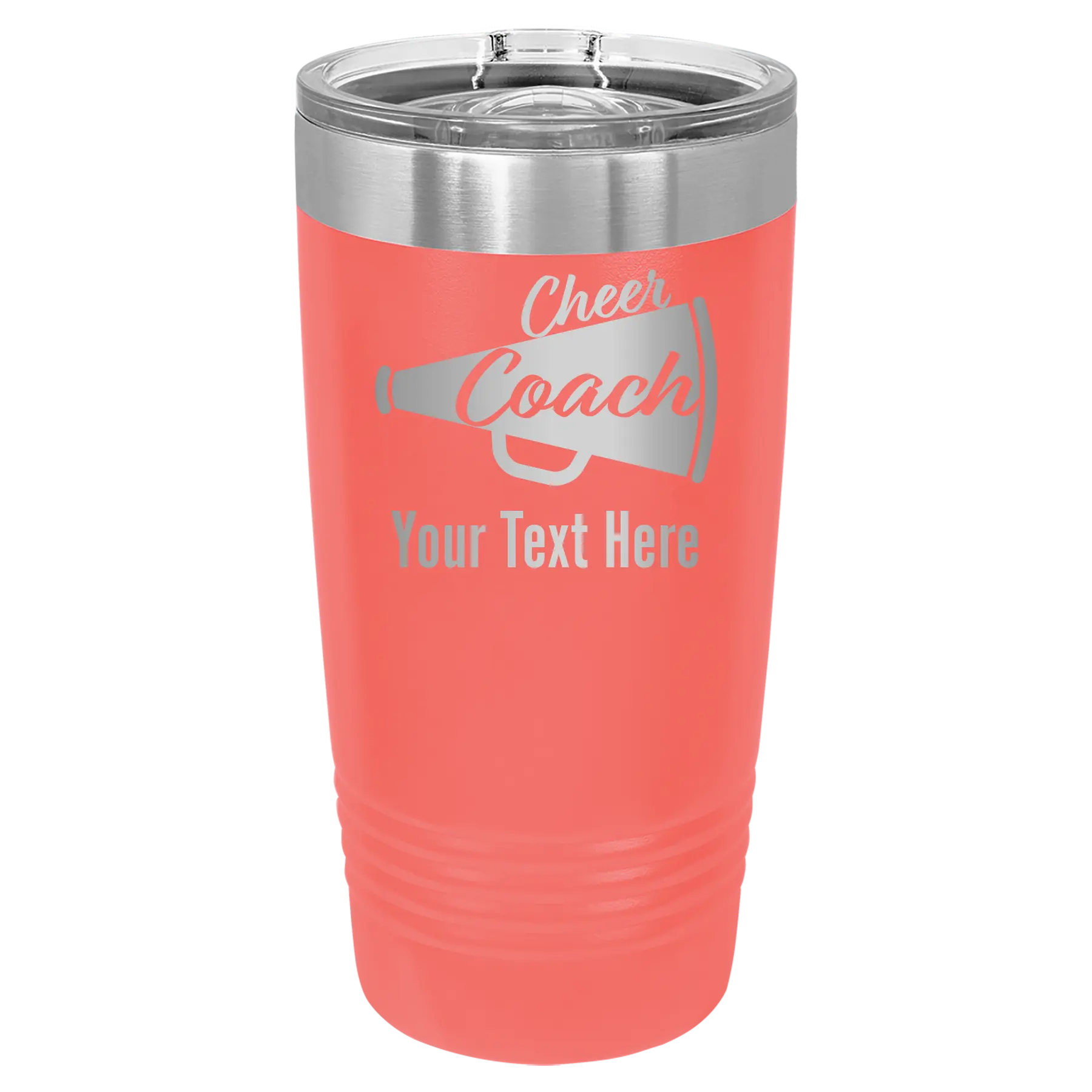 Personalized coral 20 oz vacuum insulated tumbler with 'Cheer Coach2' design