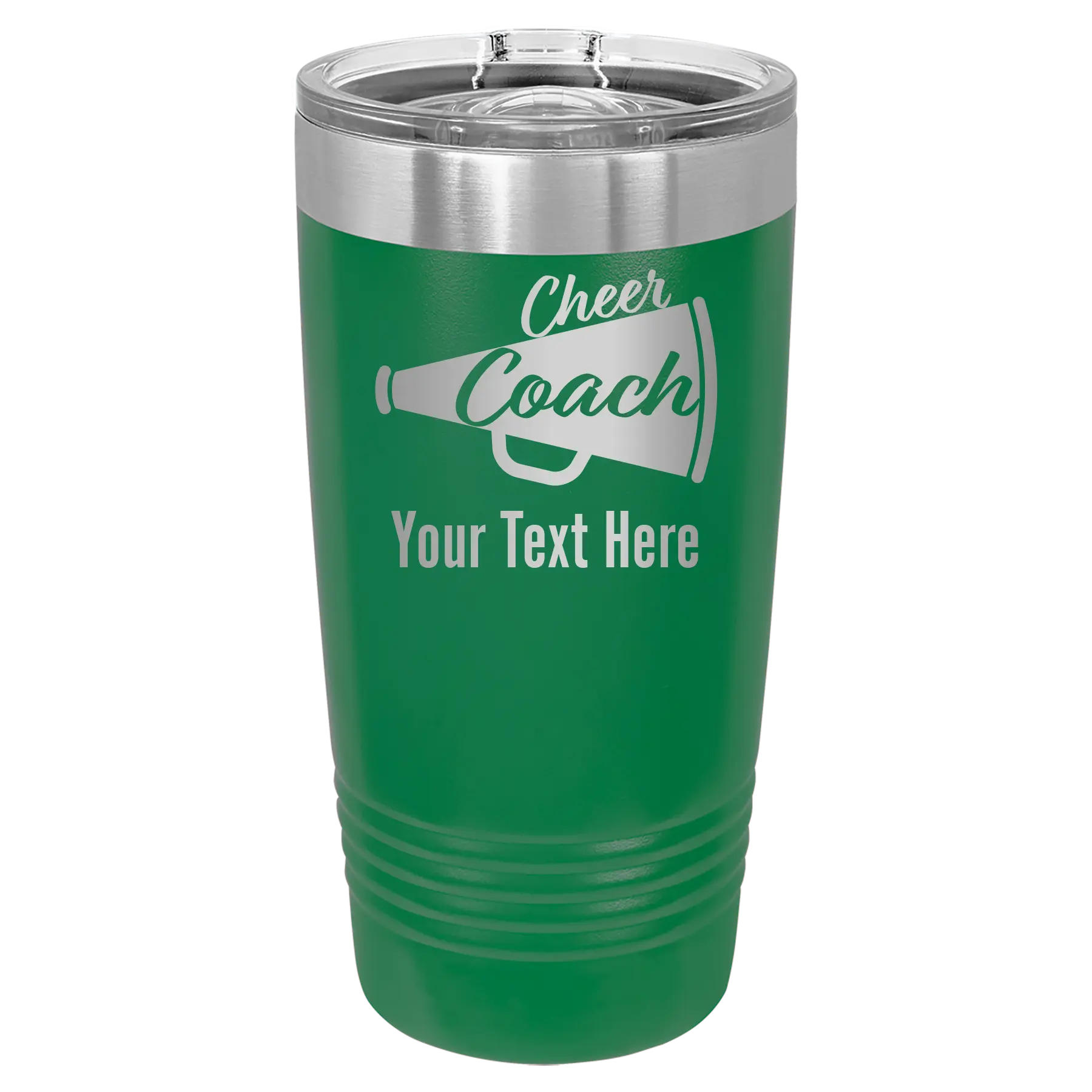 Personalized green 20 oz vacuum insulated tumbler with 'Cheer Coach2' design