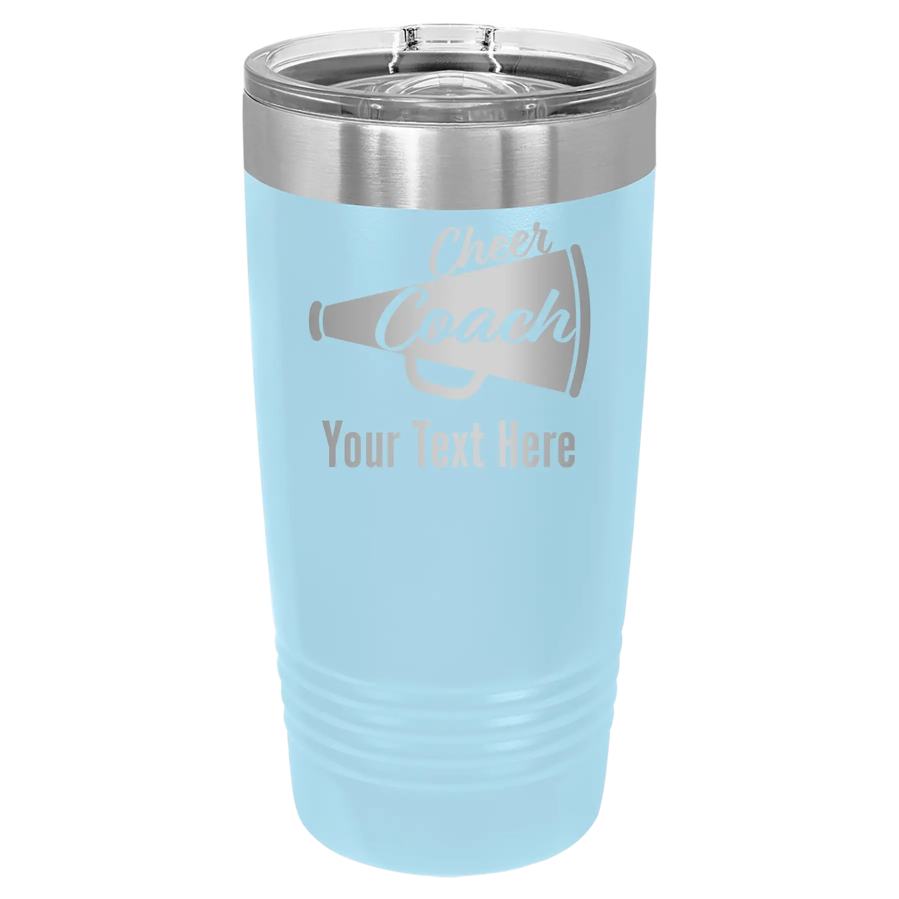 Personalized light blue 20 oz vacuum insulated tumbler with 'Cheer Coach2' design