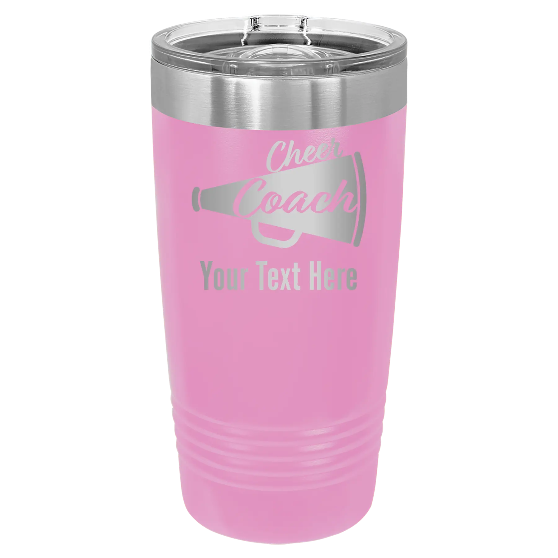 Personalized light purple 20 oz vacuum insulated tumbler with 'Cheer Coach2' design