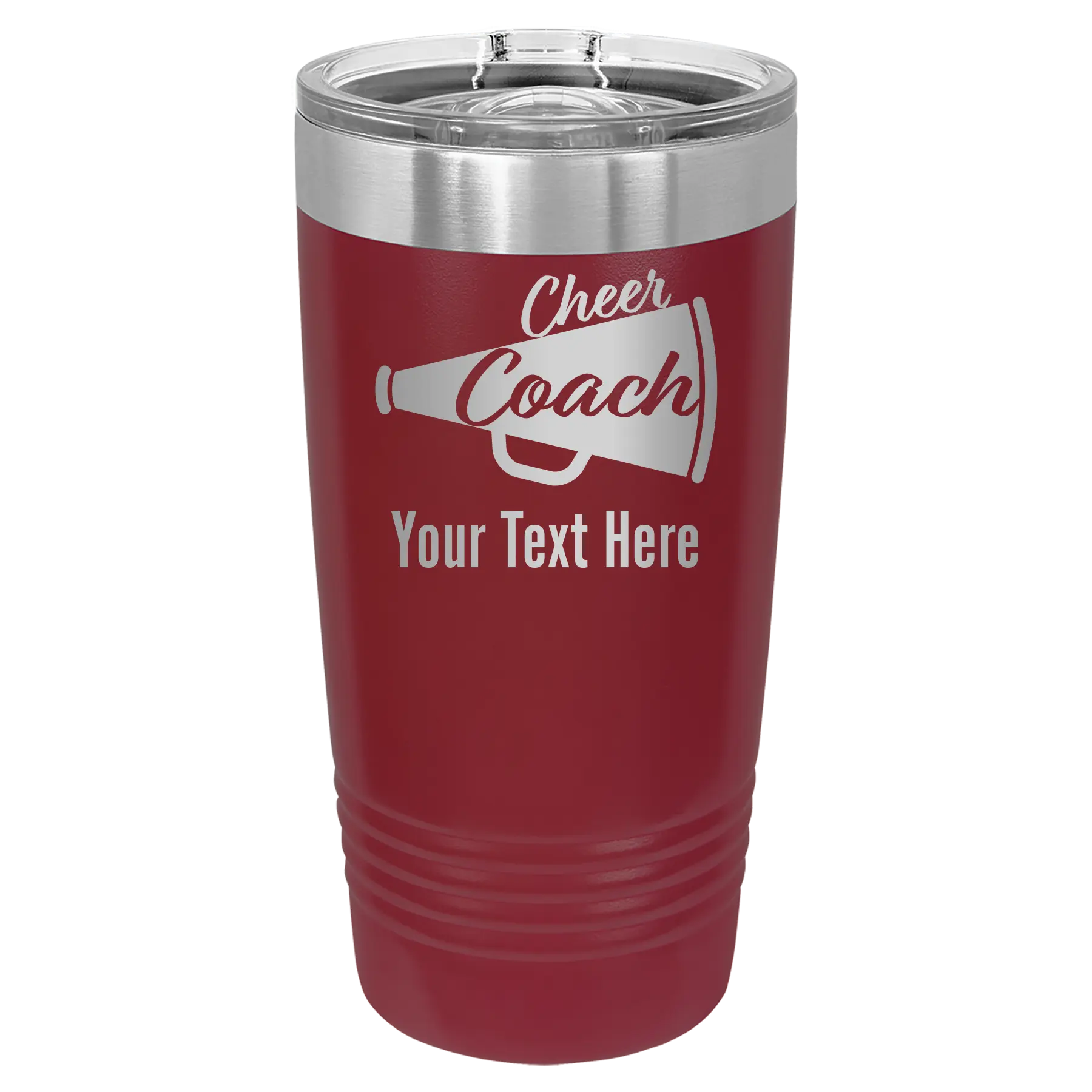 Personalized maroon 20 oz vacuum insulated tumbler with 'Cheer Coach2' design