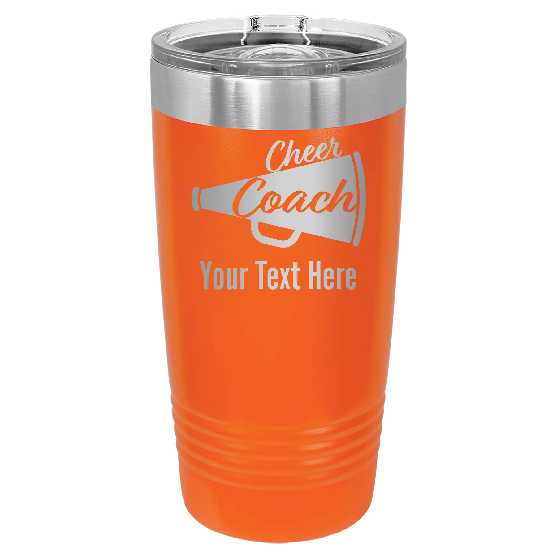 Personalized orange 20 oz vacuum insulated tumbler with 'Cheer Coach2' design
