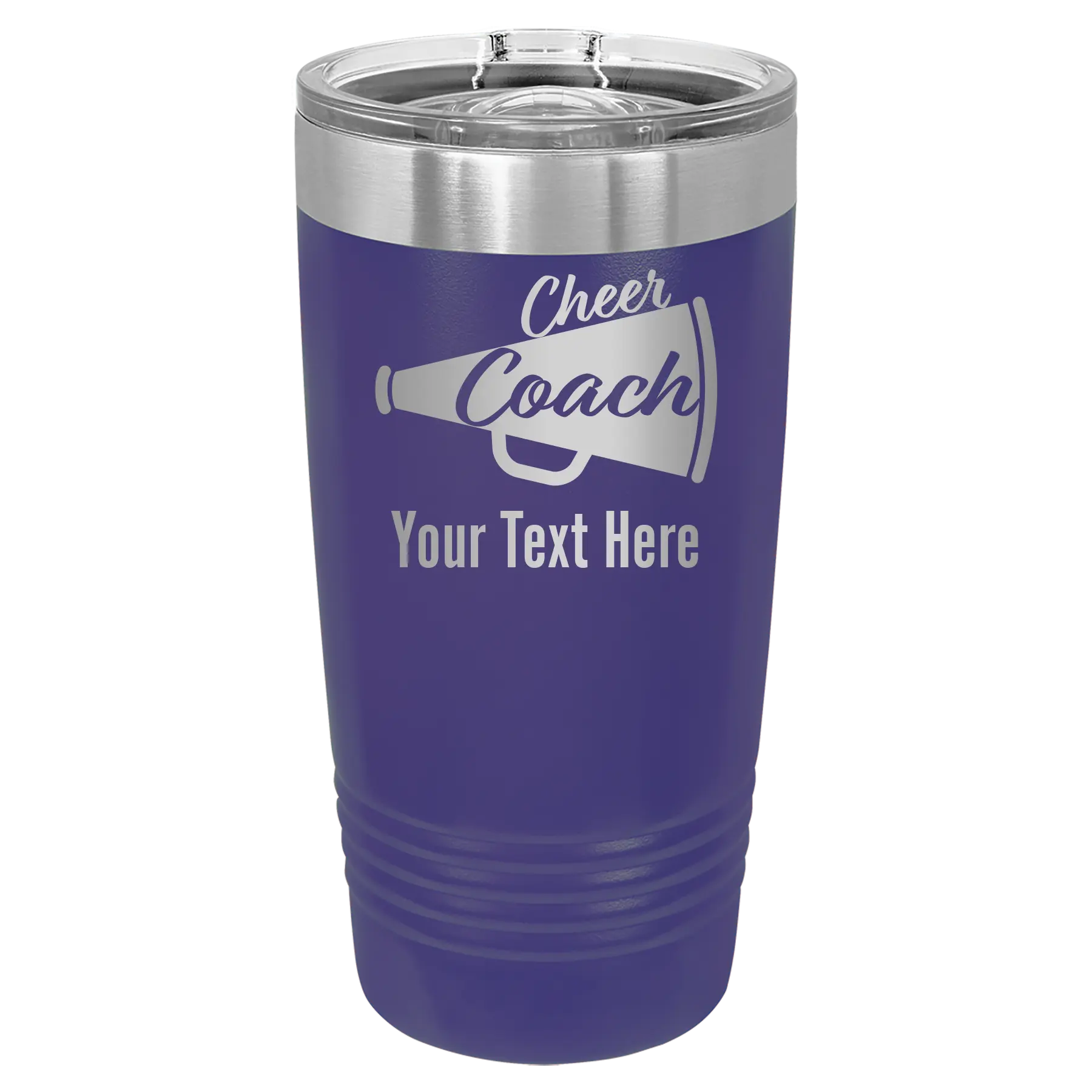 Personalized purple 20 oz vacuum insulated tumbler with 'Cheer Coach2' design