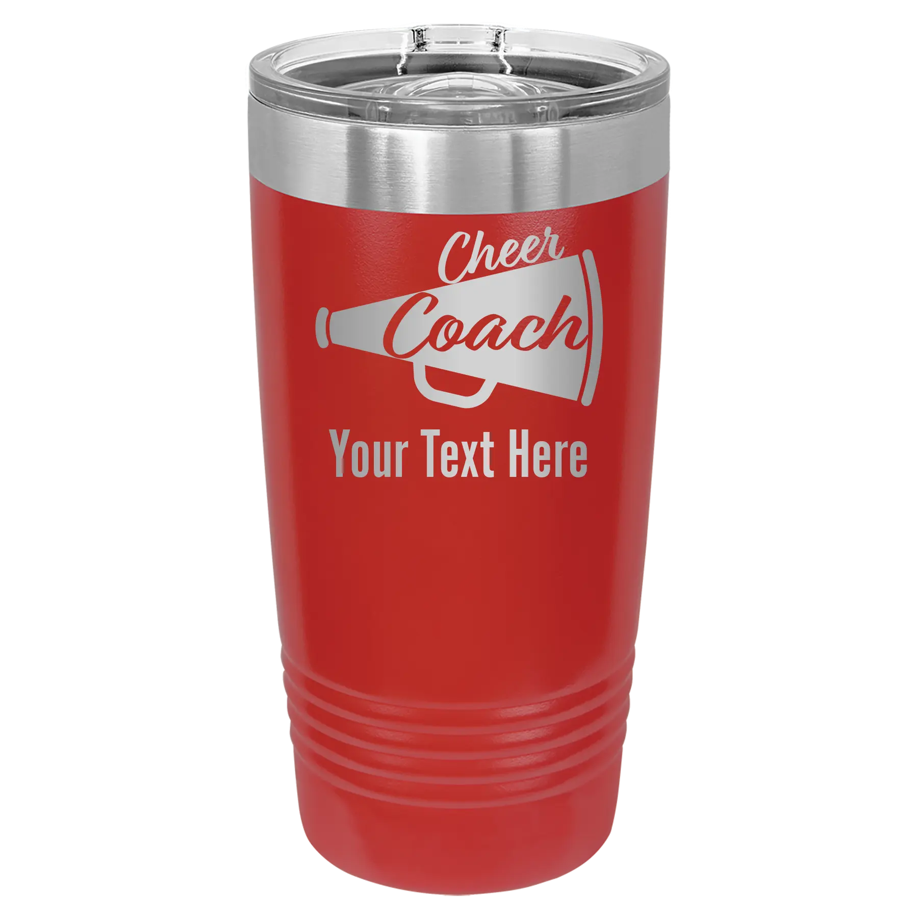 Personalized red 20 oz vacuum insulated tumbler with 'Cheer Coach2' design