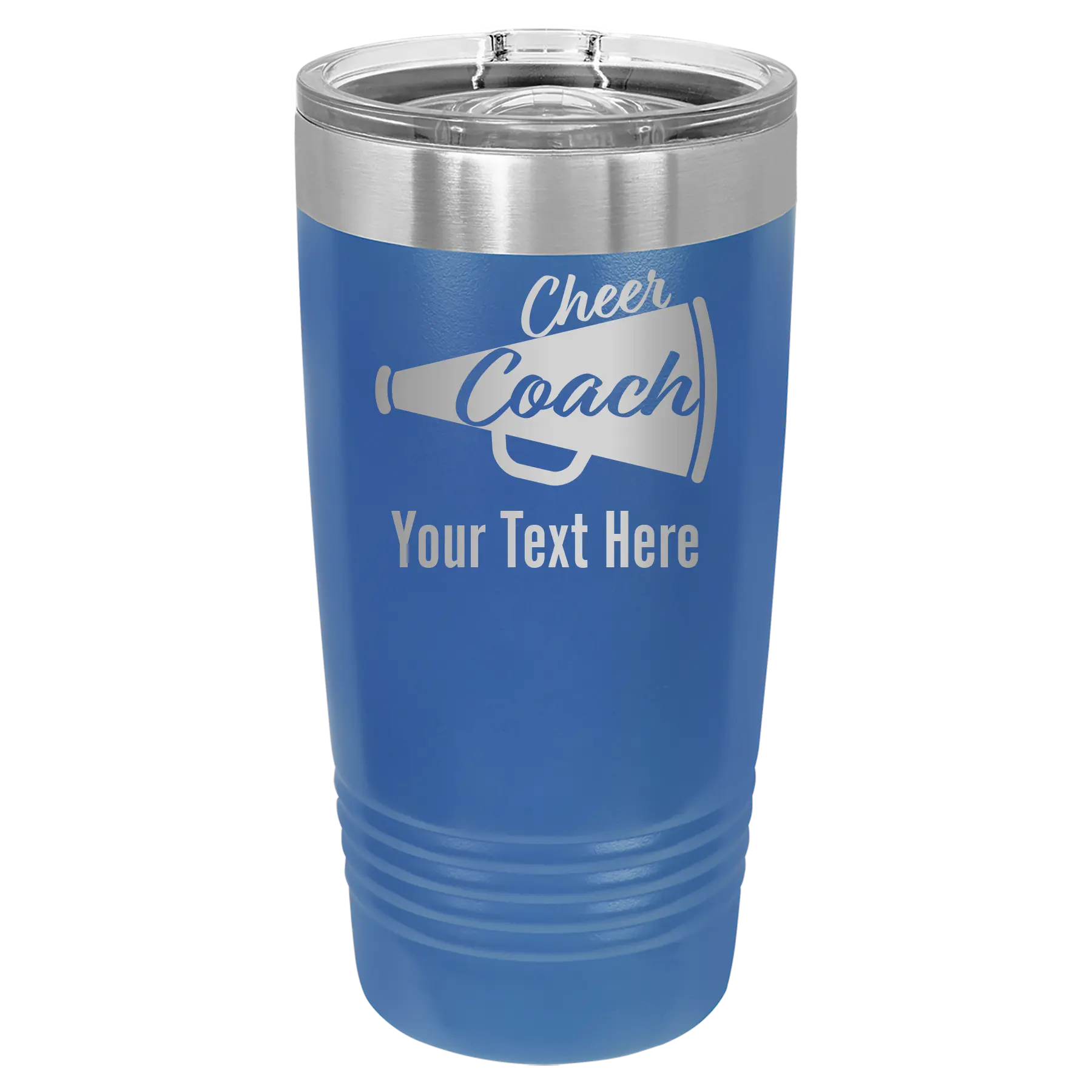 Personalized royal blue 20 oz vacuum insulated tumbler with 'Cheer Coach2' design