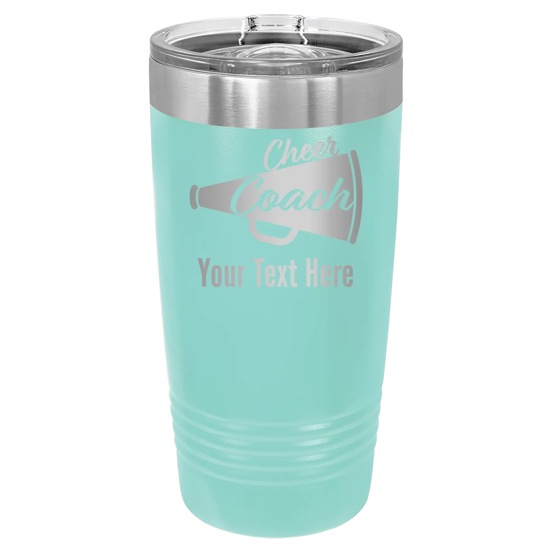 Personalized teal 20 oz vacuum insulated tumbler with 'Cheer Coach2' design