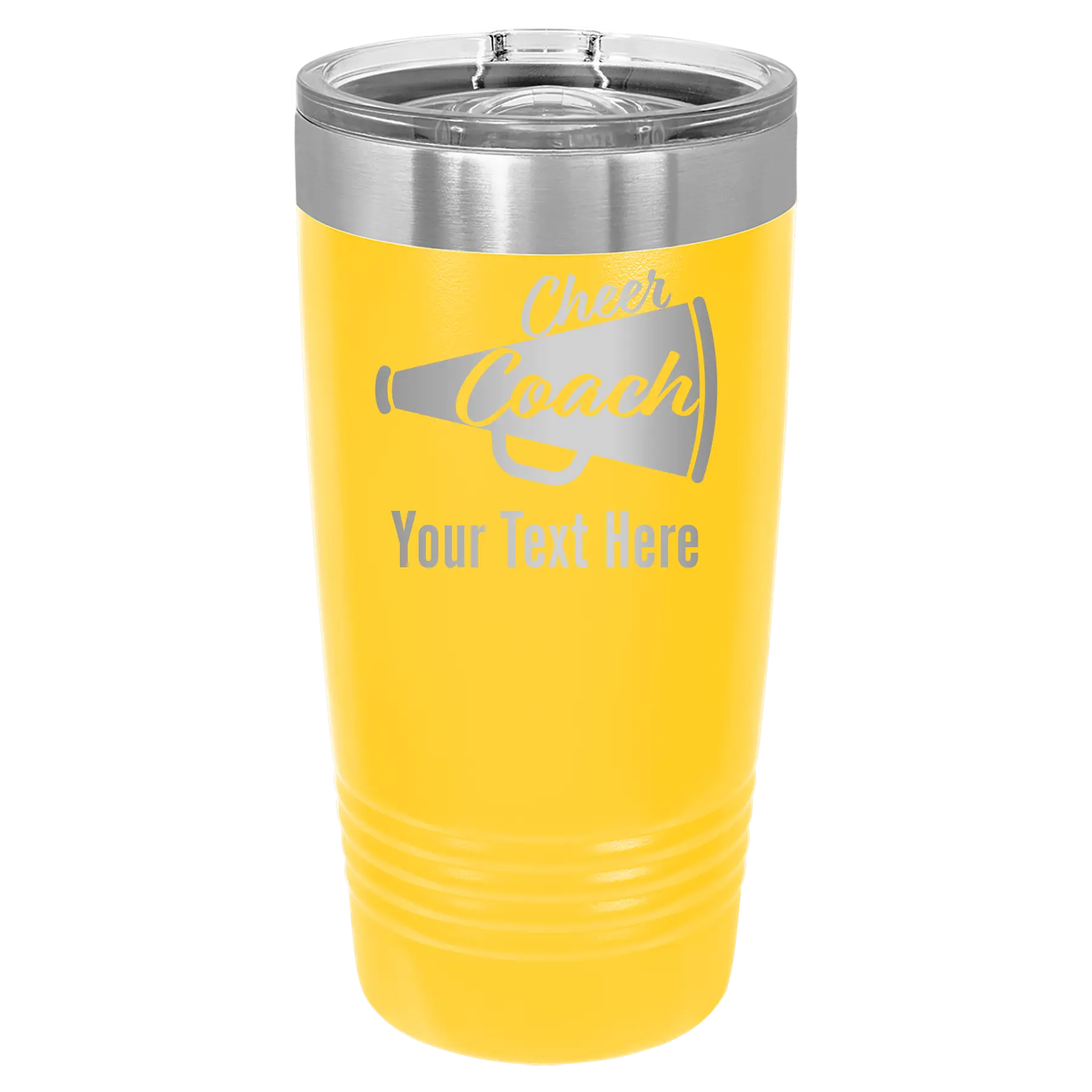 Personalized yellow 20 oz vacuum insulated tumbler with 'Cheer Coach2' design
