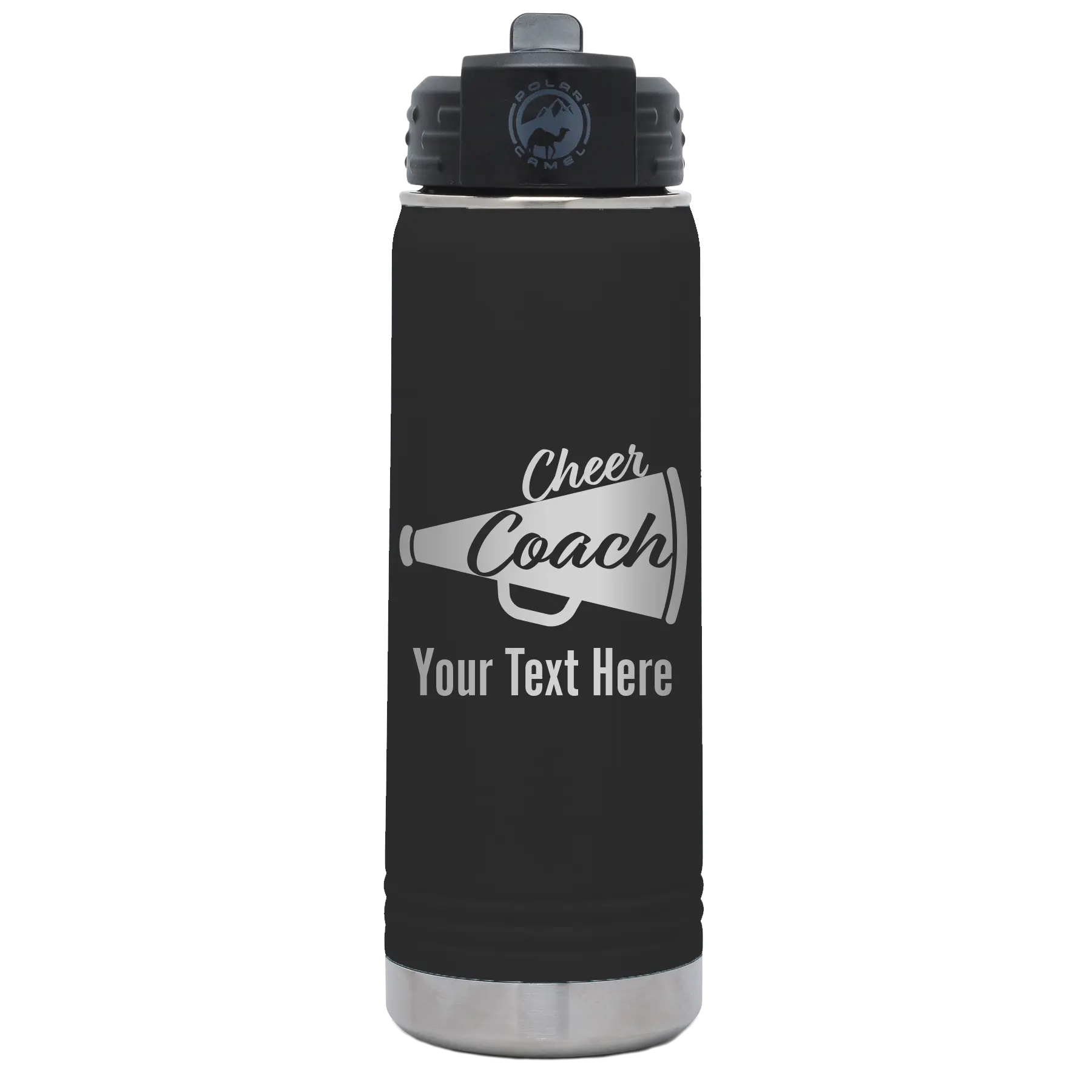 Personalized black 20 oz vacuum insulated water bottle with 'Cheer Coach2' design