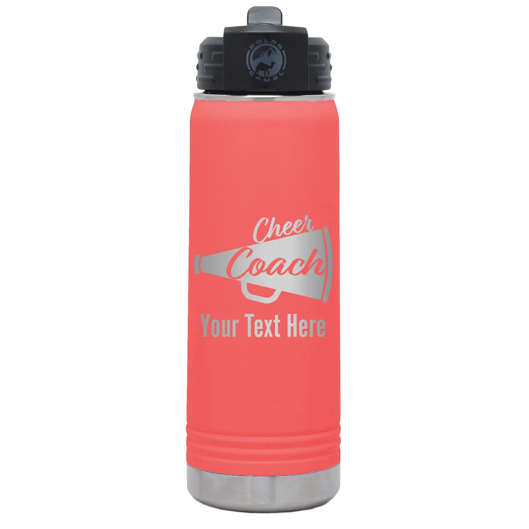 Personalized coral 20 oz vacuum insulated water bottle with 'Cheer Coach2' design