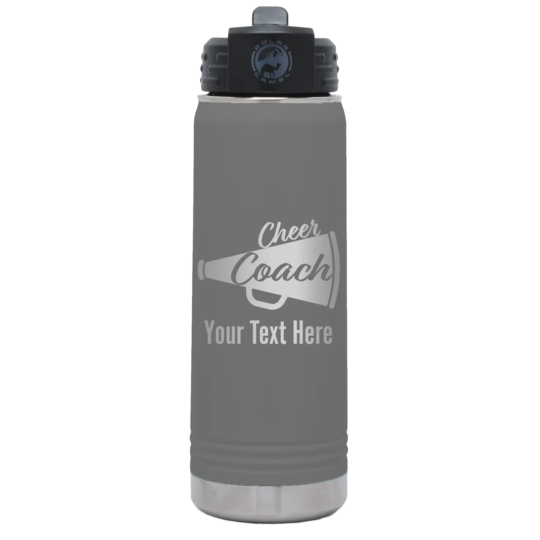 Personalized dark gray 20 oz vacuum insulated water bottle with 'Cheer Coach2' design