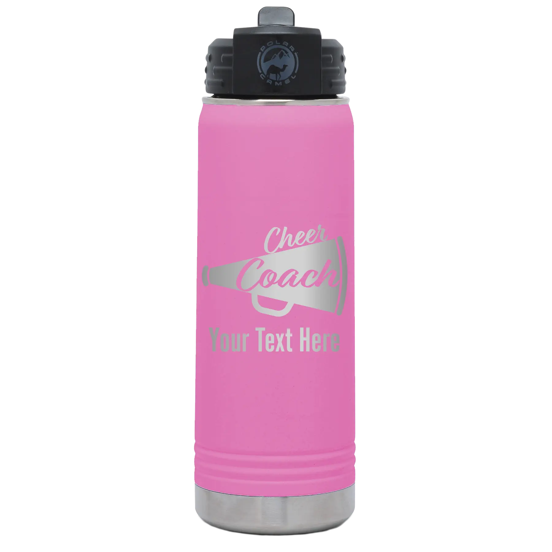 Personalized light purple 20 oz vacuum insulated water bottle with 'Cheer Coach2' design