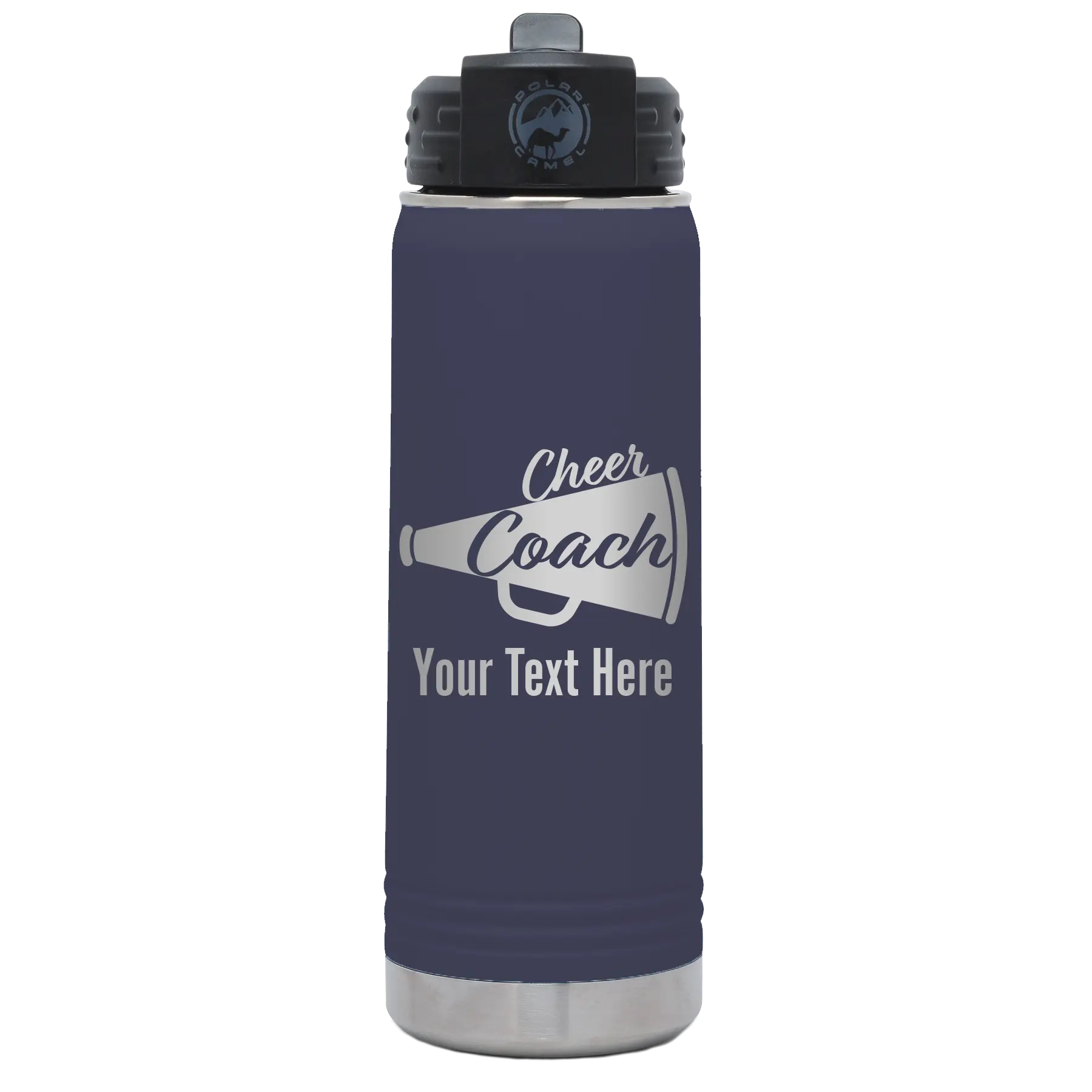 Personalized navy 20 oz vacuum insulated water bottle with 'Cheer Coach2' design