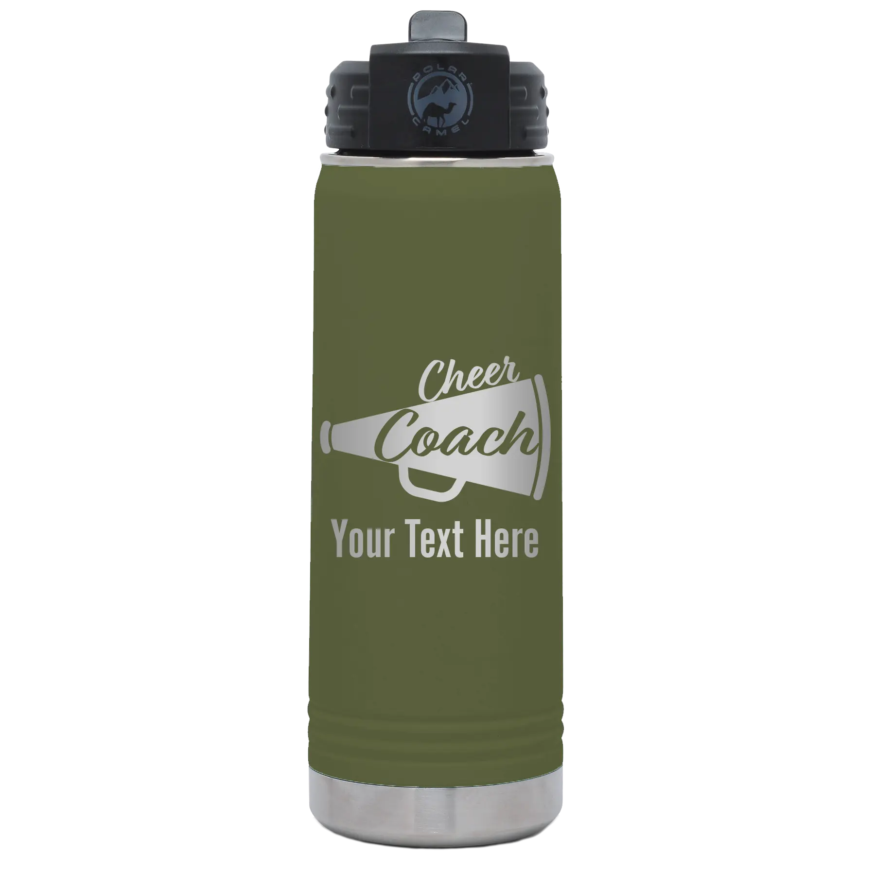 Personalized olive green 20 oz vacuum insulated water bottle with 'Cheer Coach2' design