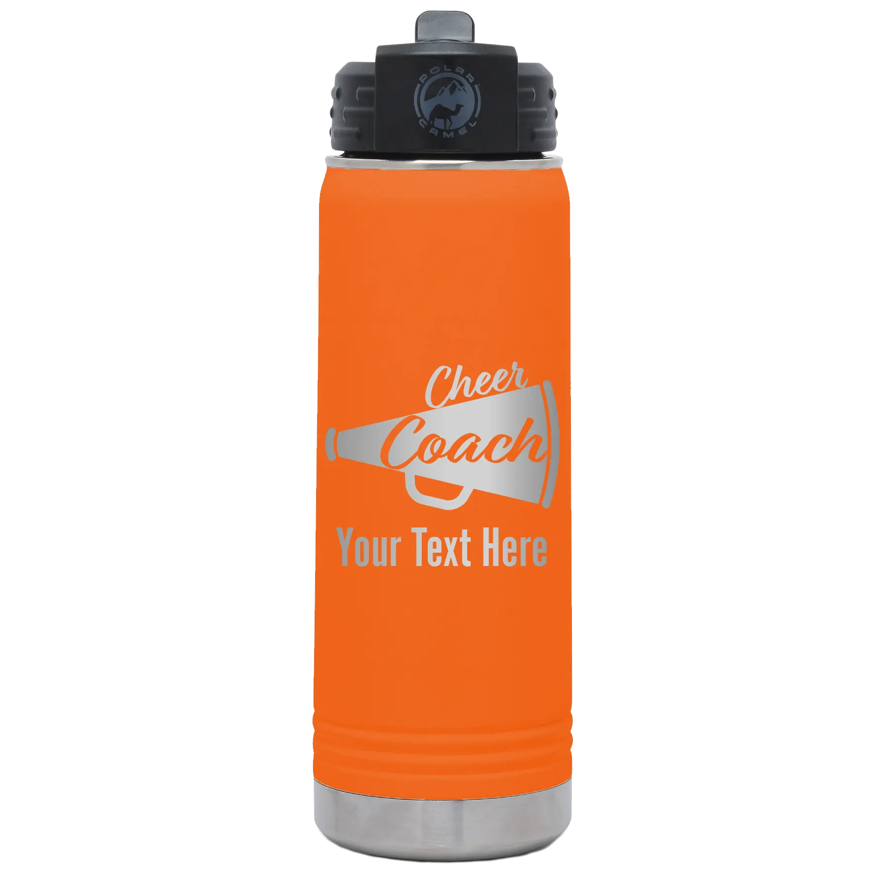 Personalized orange 20 oz vacuum insulated water bottle with 'Cheer Coach2' design