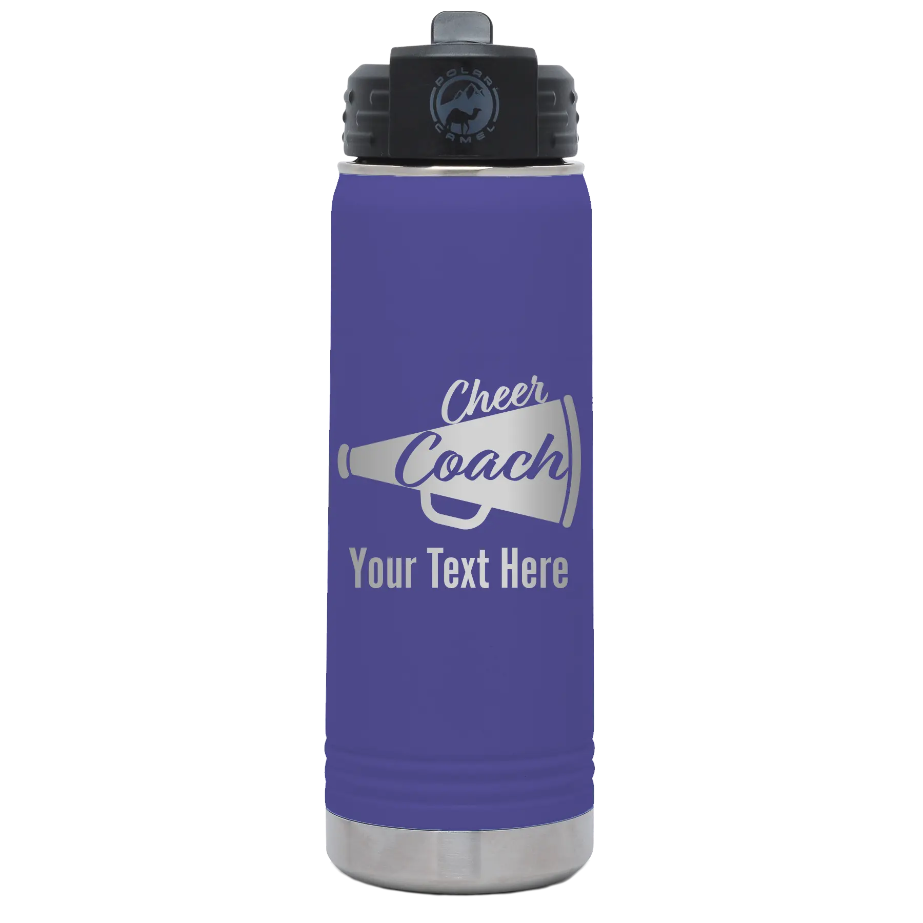 Personalized purple 20 oz vacuum insulated water bottle with 'Cheer Coach2' design