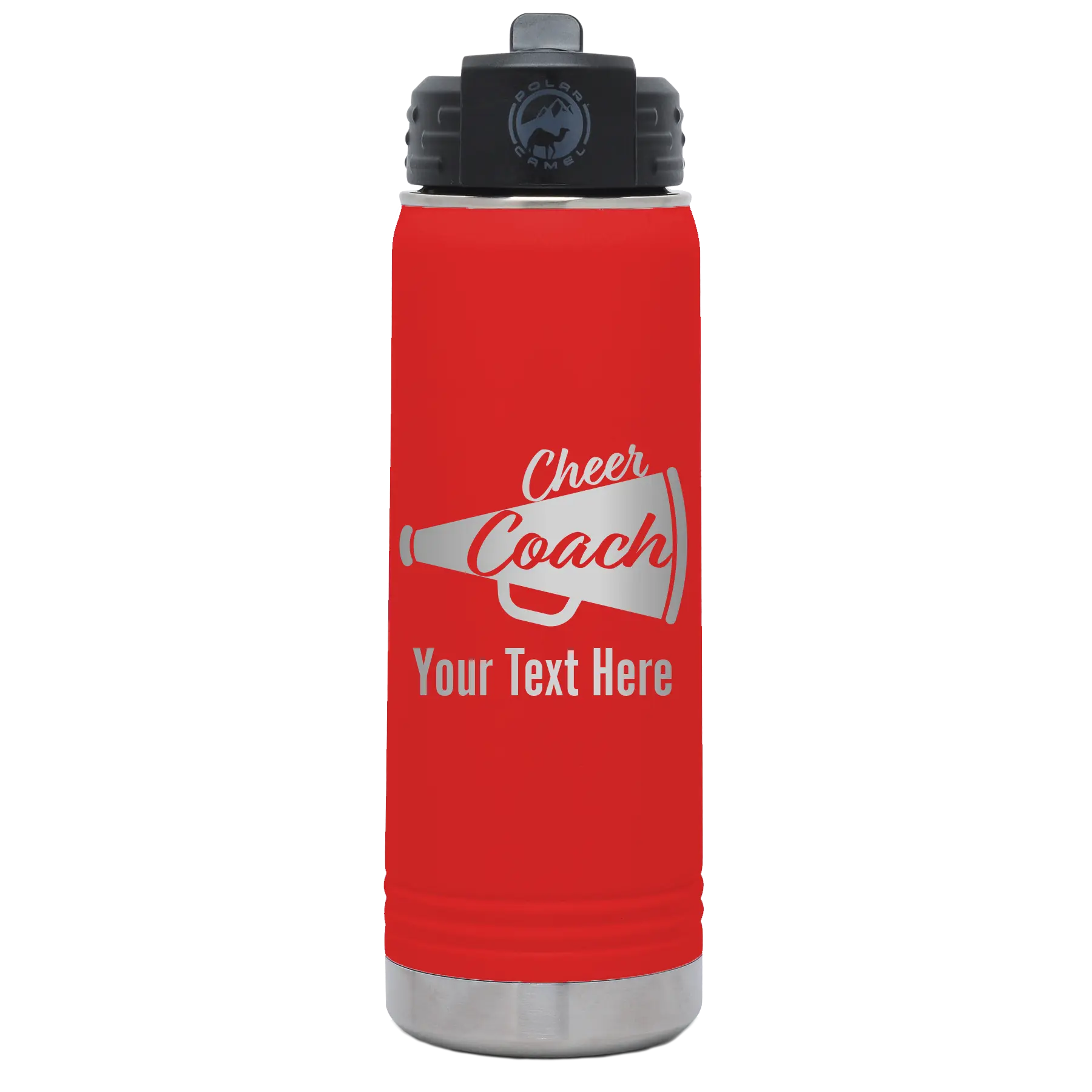Personalized red 20 oz vacuum insulated water bottle with 'Cheer Coach2' design
