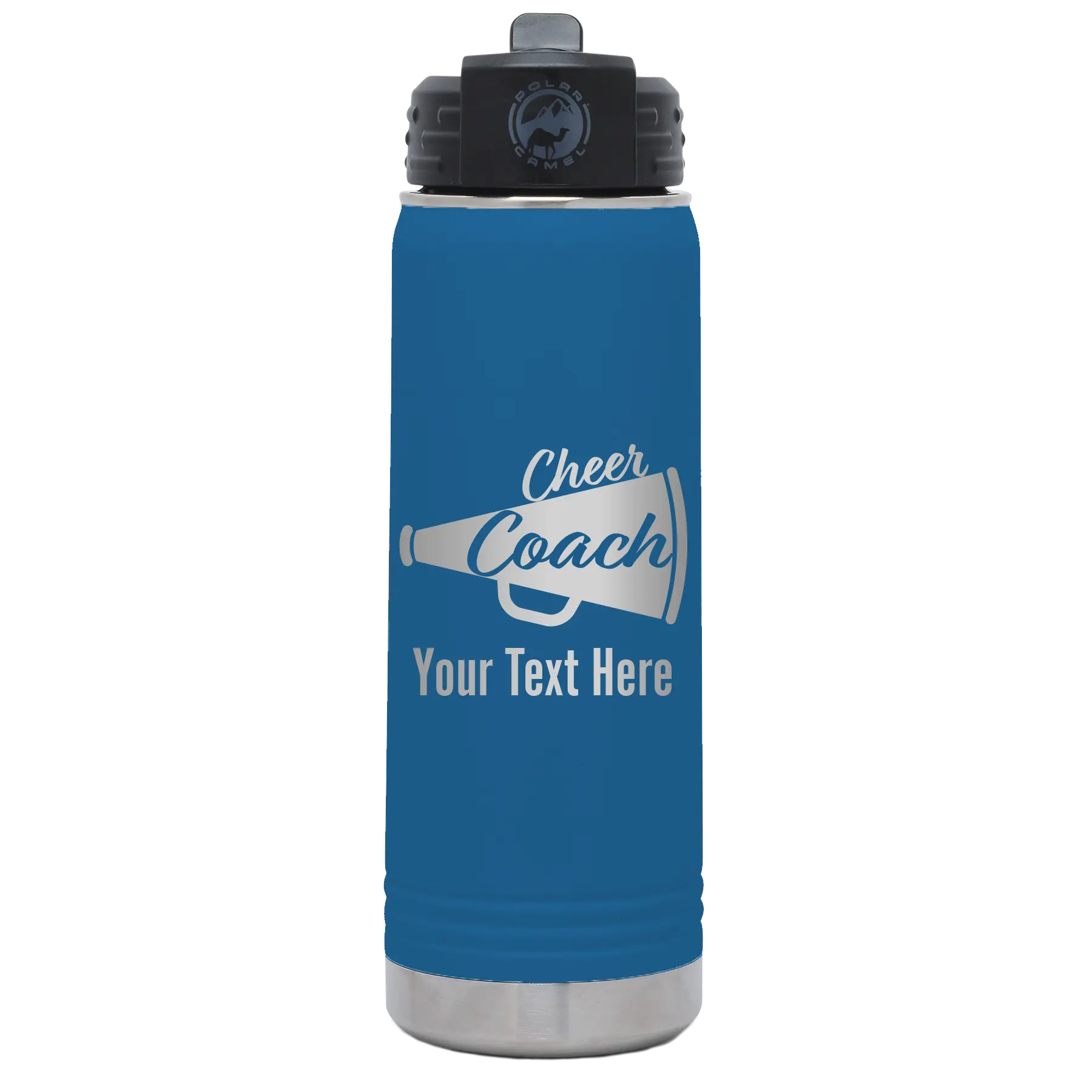 Personalized royal blue 20 oz vacuum insulated water bottle with 'Cheer Coach2' design
