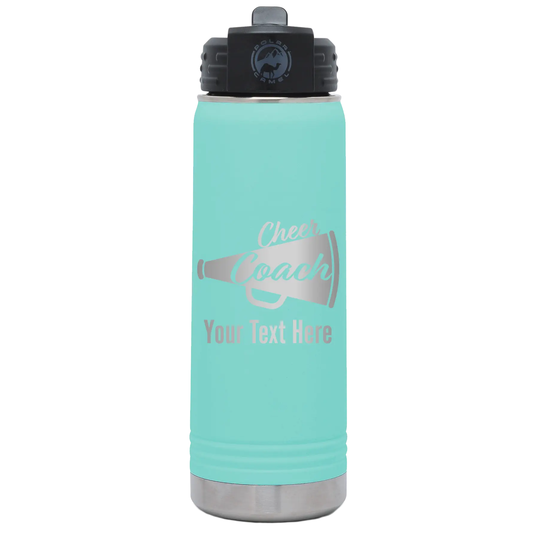 Personalized teal 20 oz vacuum insulated water bottle with 'Cheer Coach2' design