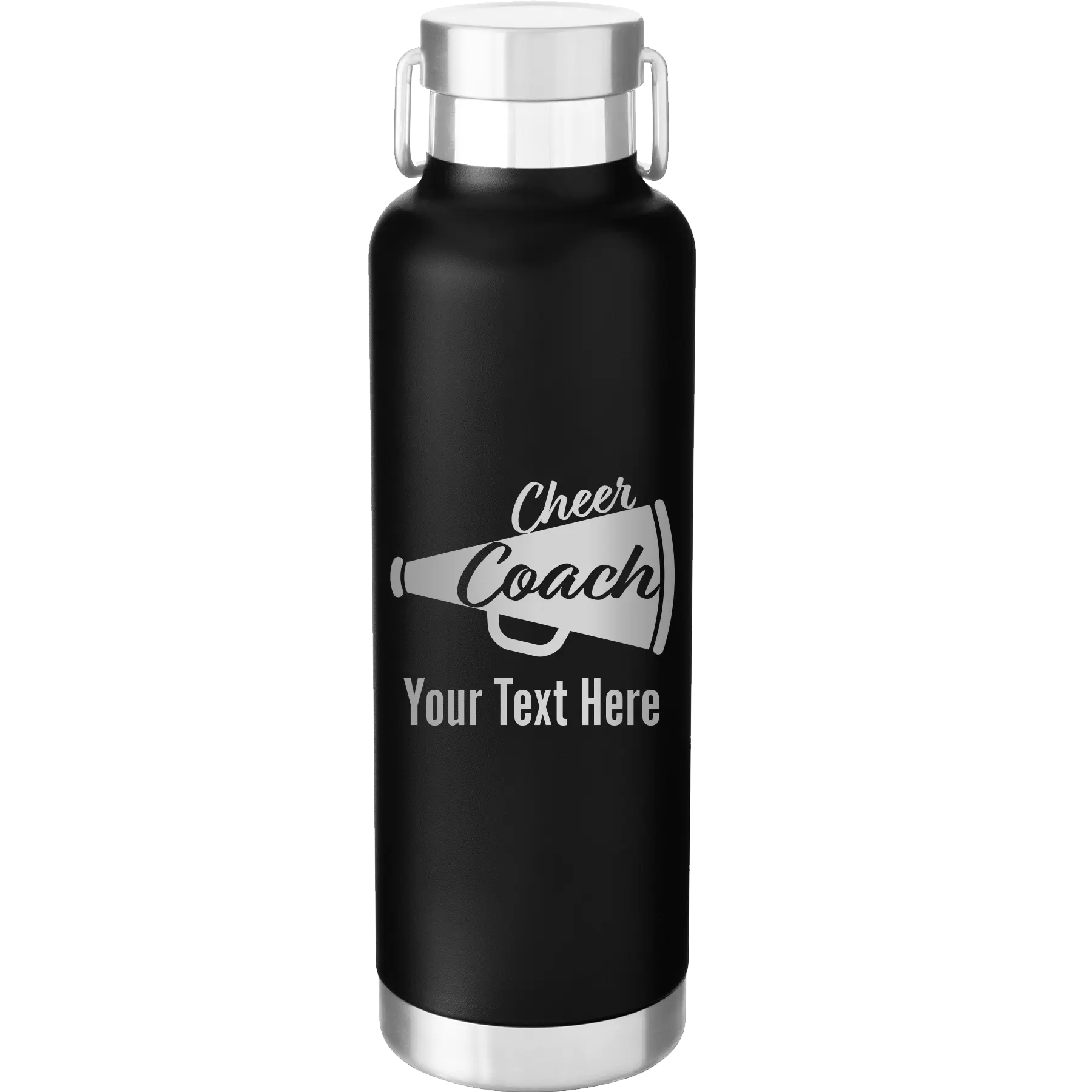 Personalized black 24 oz vacuum insulated water bottle with 'Cheer Coach2' design