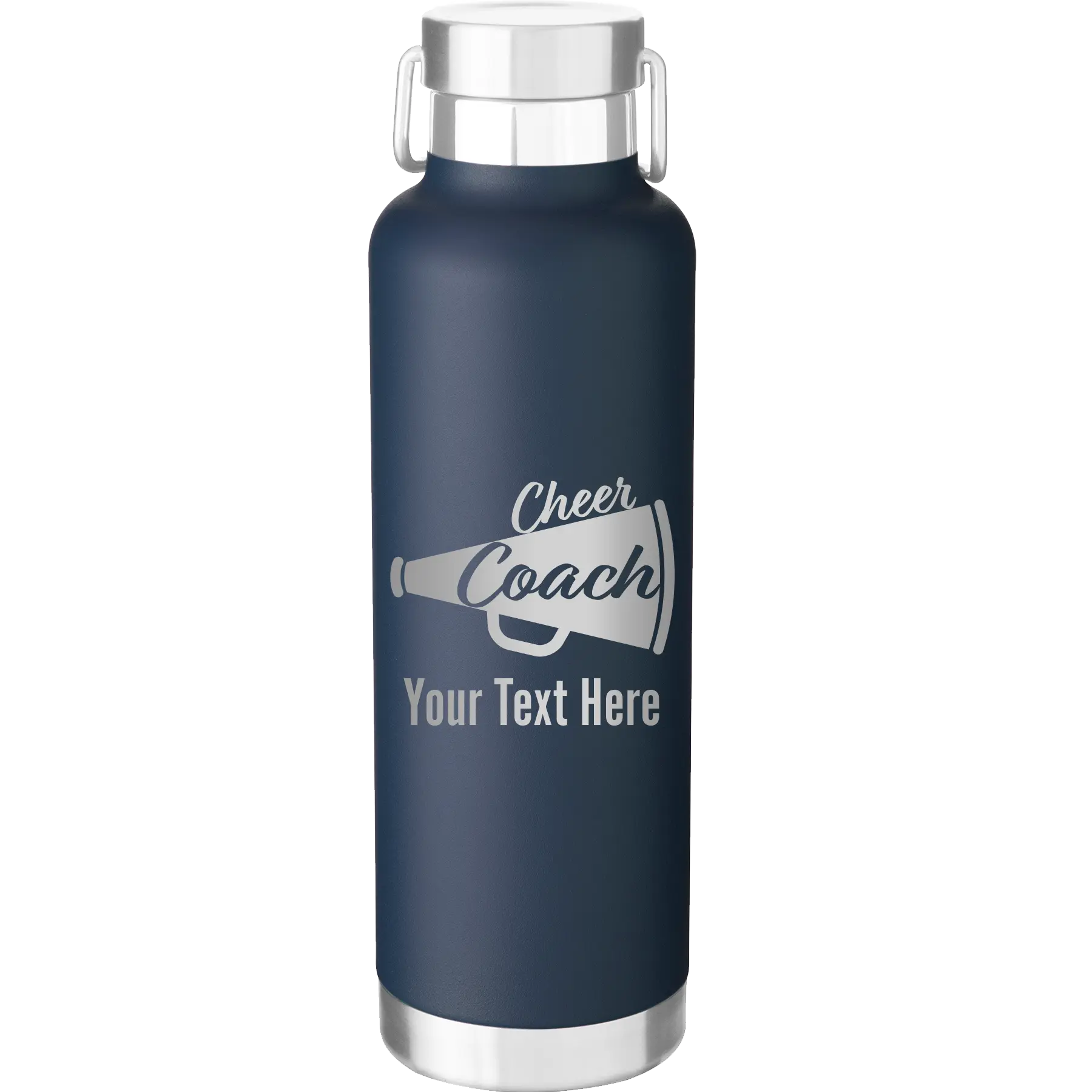 Personalized navy 24 oz vacuum insulated water bottle with 'Cheer Coach2' design