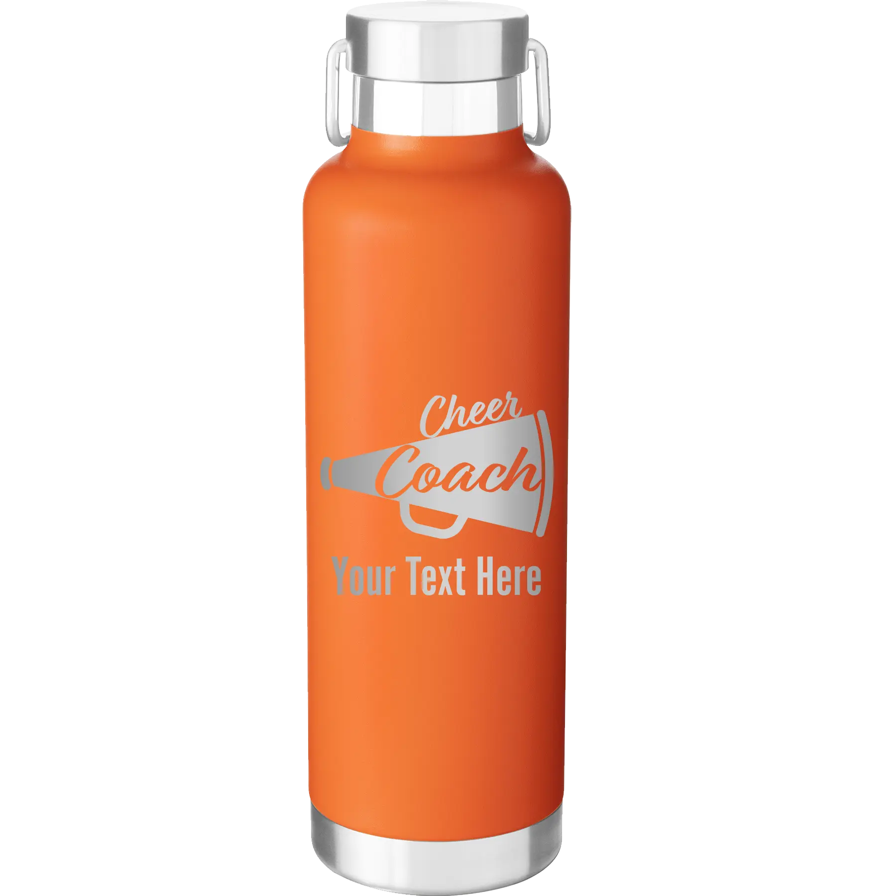 Personalized orange 24 oz vacuum insulated water bottle with 'Cheer Coach2' design
