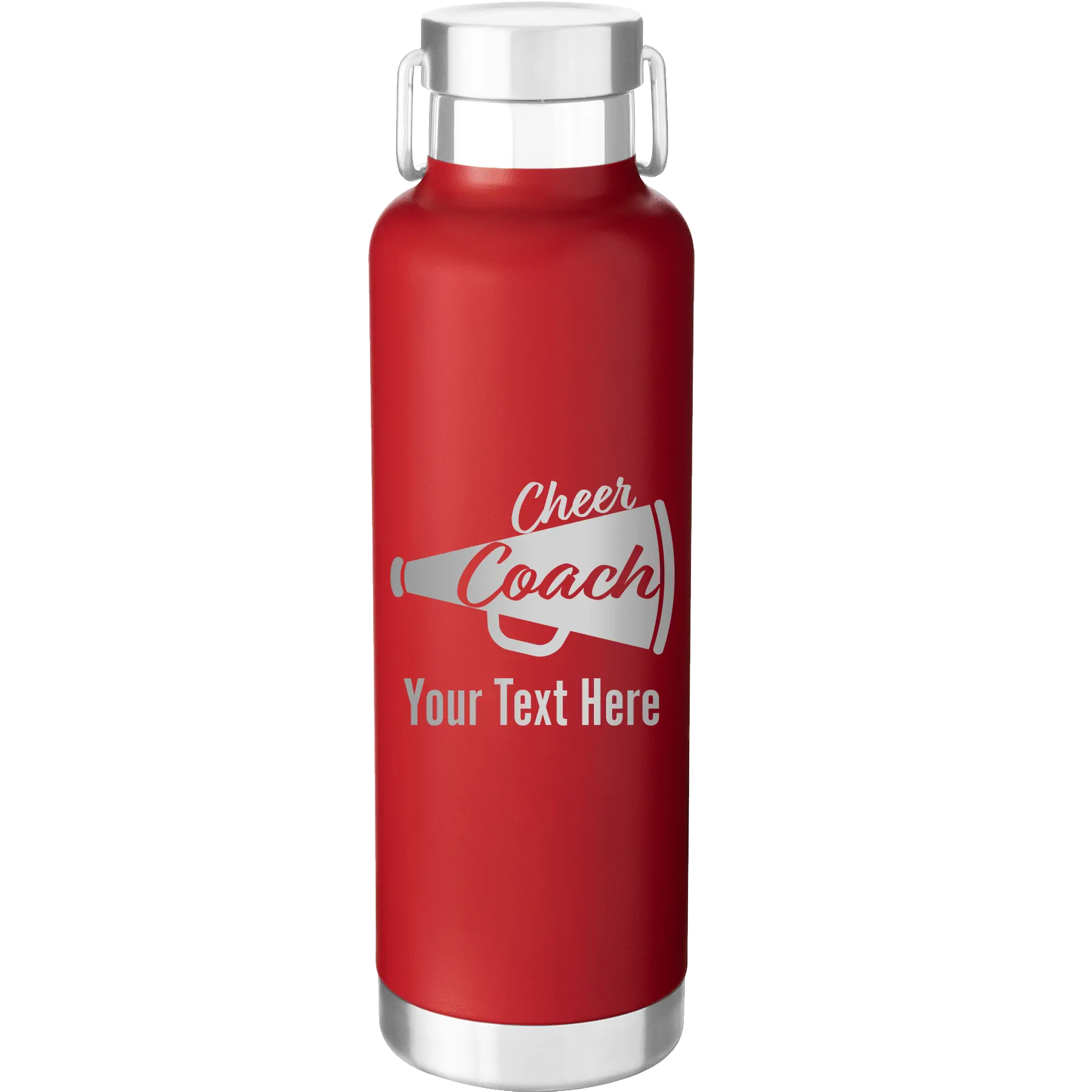Personalized red 24 oz vacuum insulated water bottle with 'Cheer Coach2' design