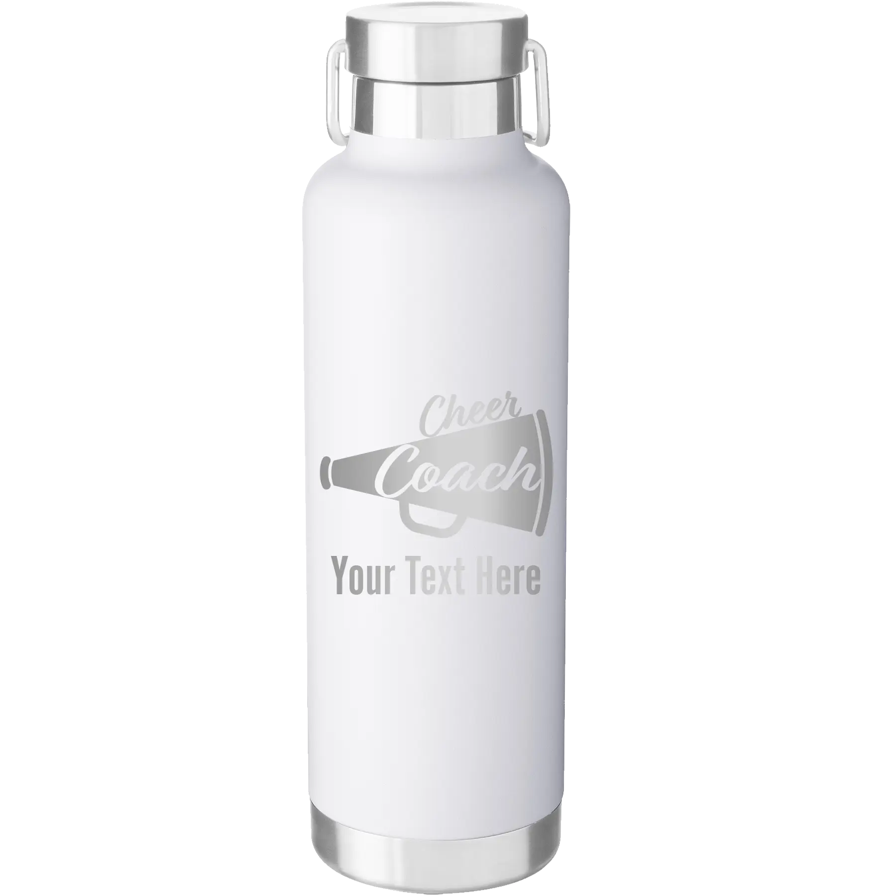 Personalized white 24 oz vacuum insulated water bottle with 'Cheer Coach2' design