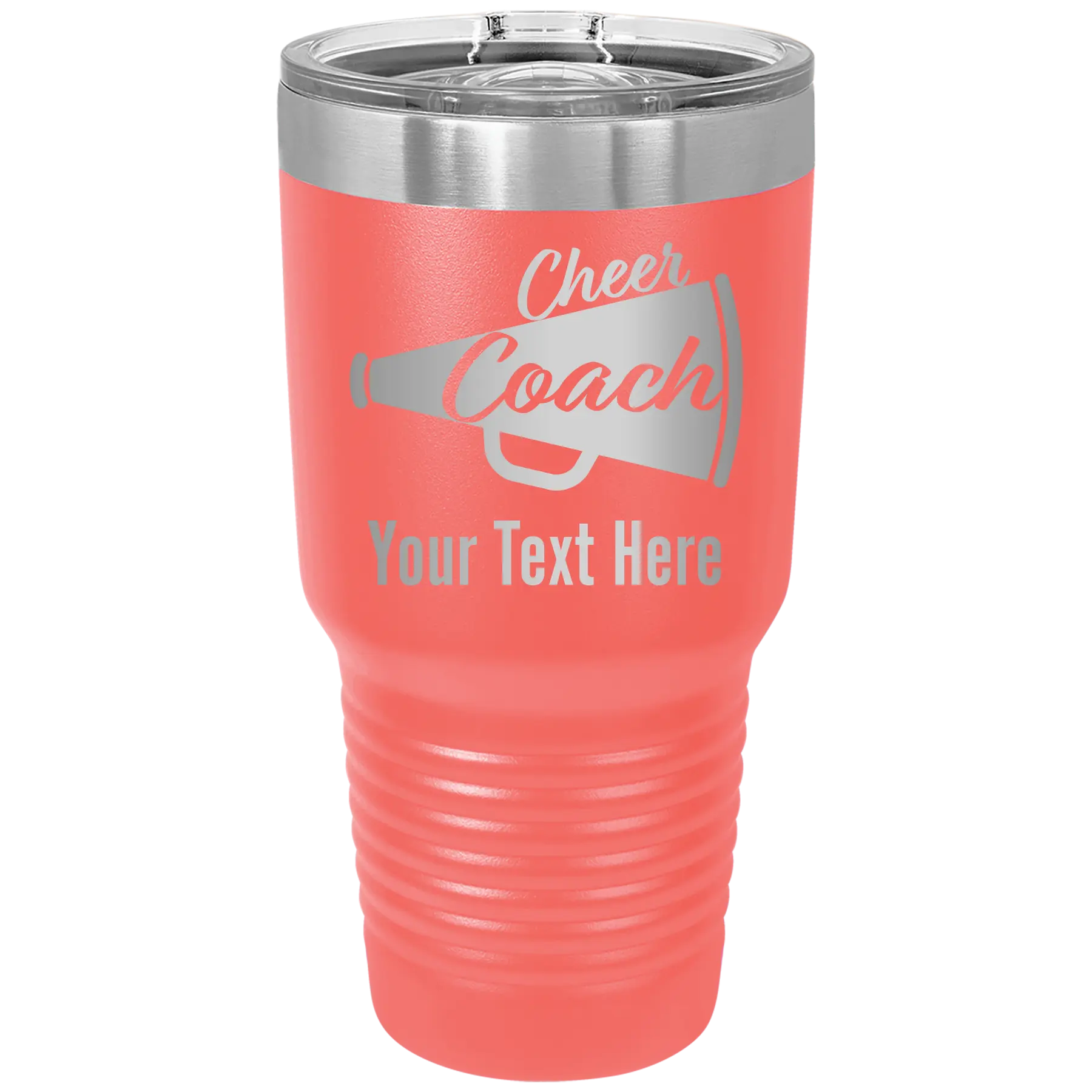 Personalized coral 30 oz vacuum insulated tumbler with 'Cheer Coach2' design