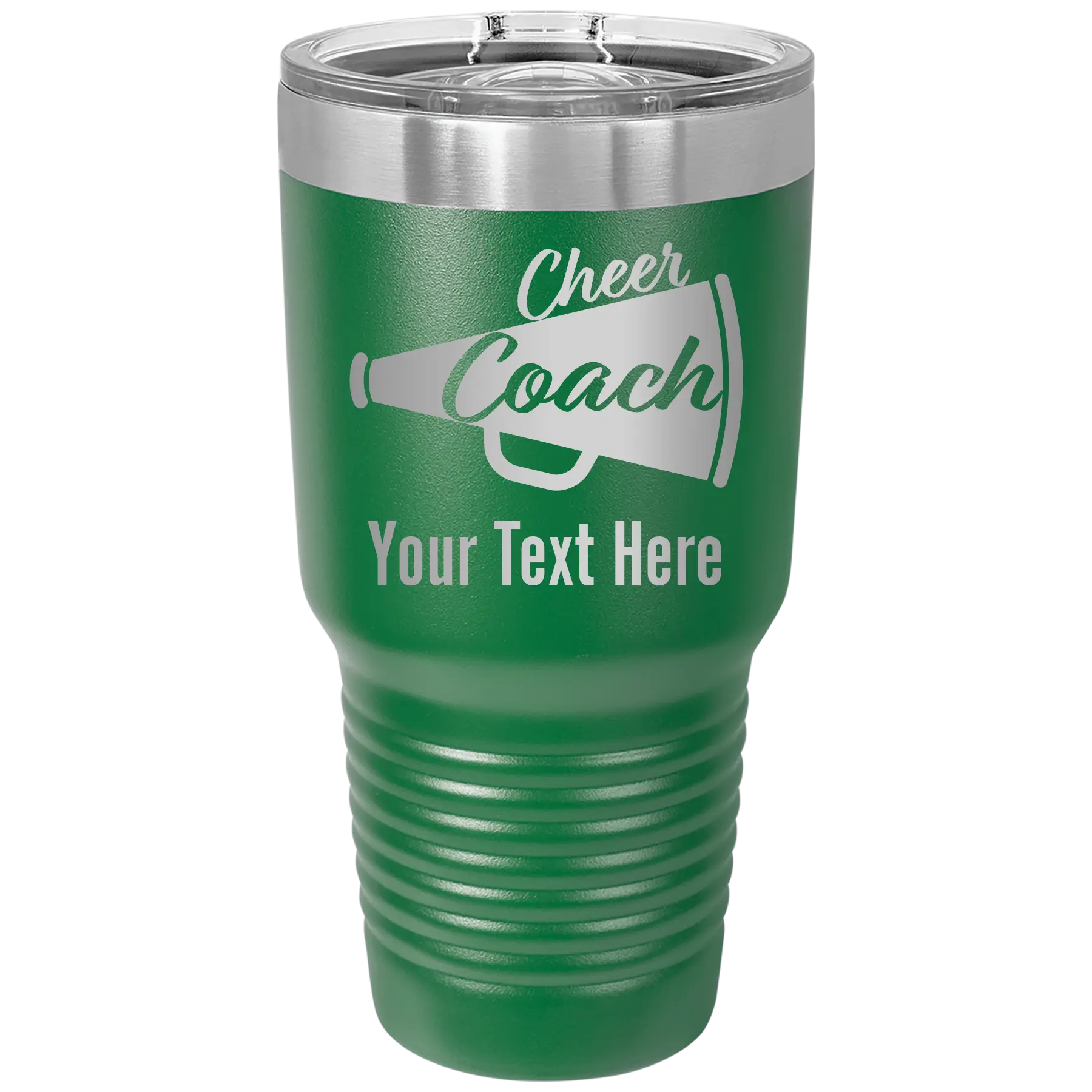 Personalized green 30 oz vacuum insulated tumbler with 'Cheer Coach2' design