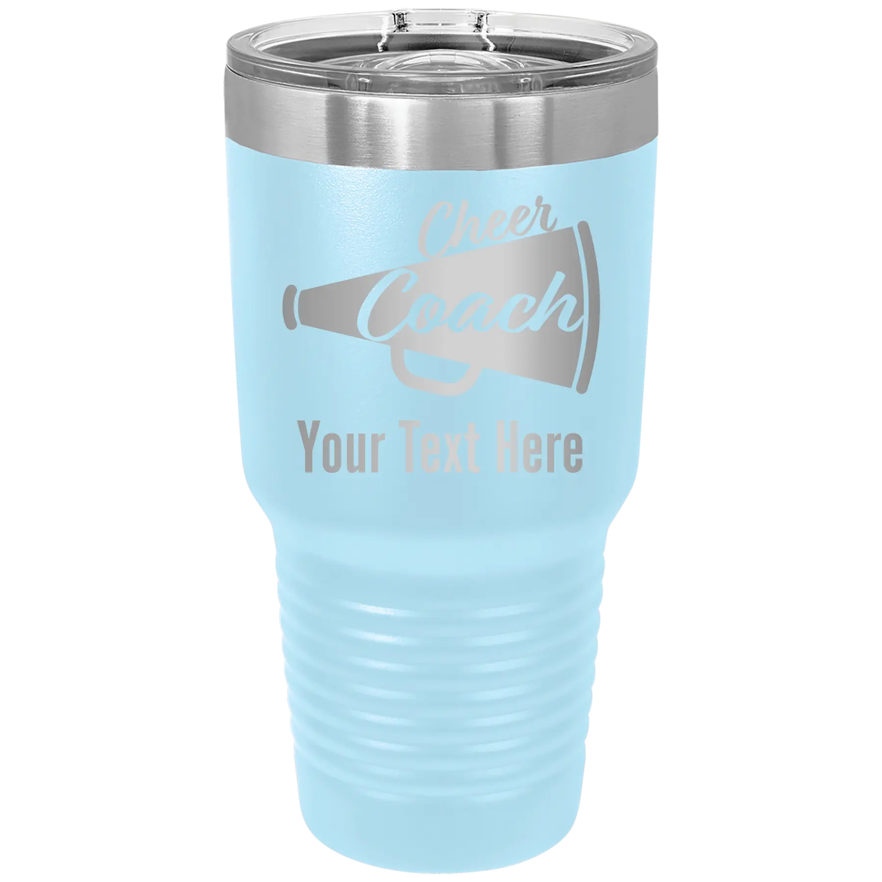 Personalized light blue 30 oz vacuum insulated tumbler with 'Cheer Coach2' design