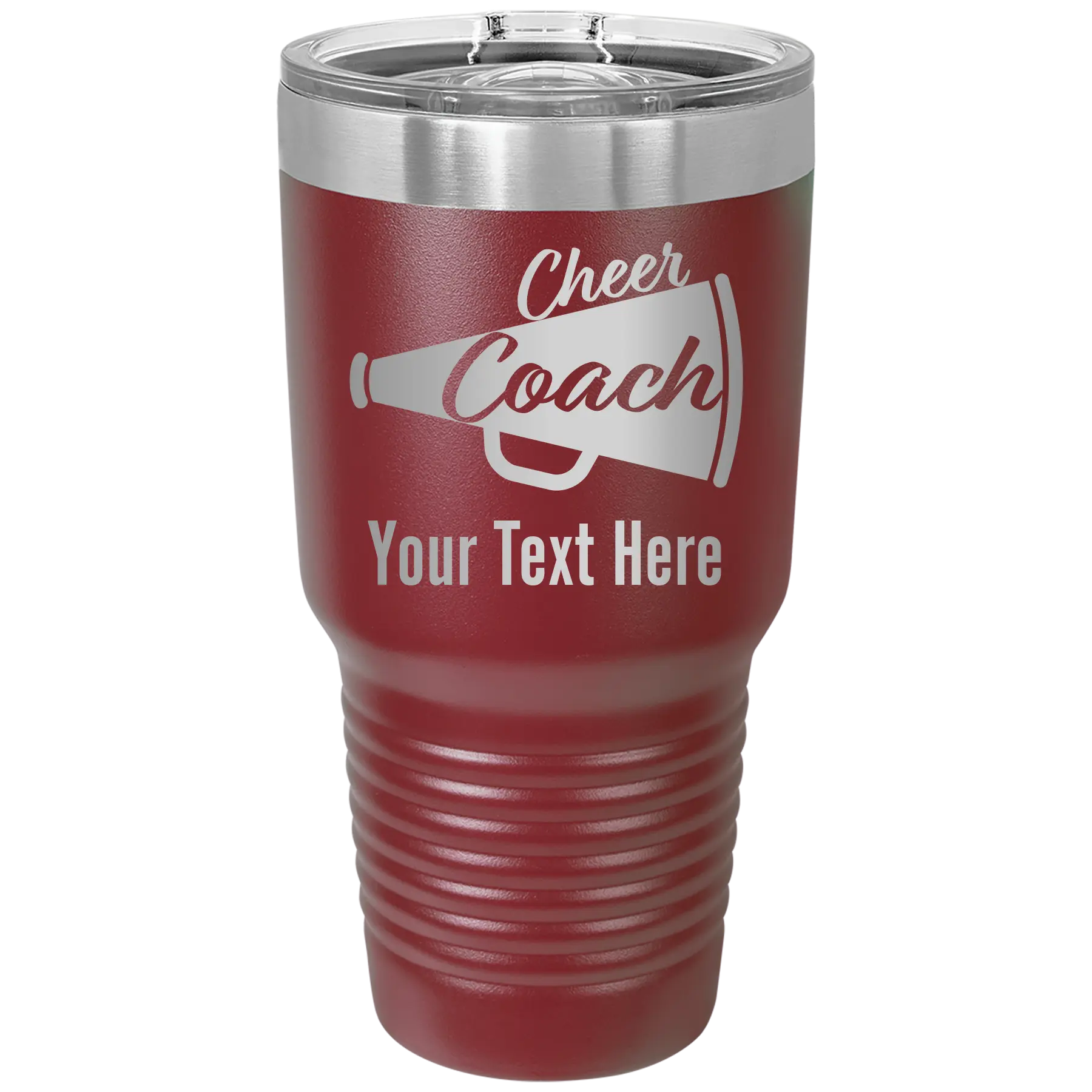Personalized maroon 30 oz vacuum insulated tumbler with 'Cheer Coach2' design
