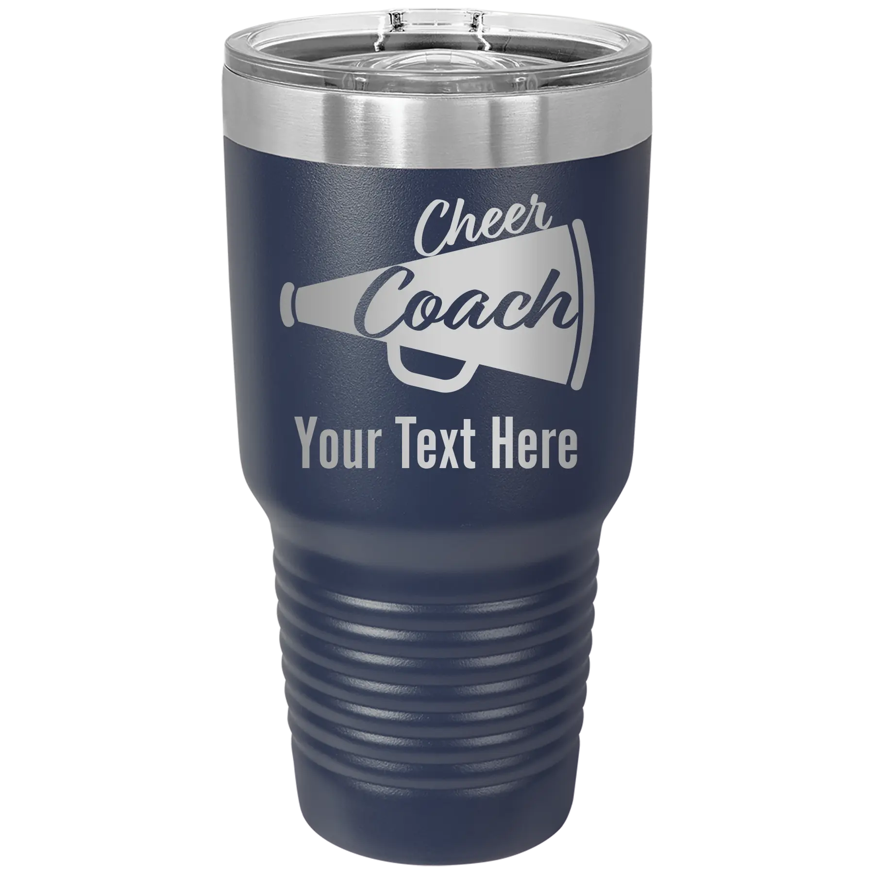 Personalized navy 30 oz vacuum insulated tumbler with 'Cheer Coach2' design