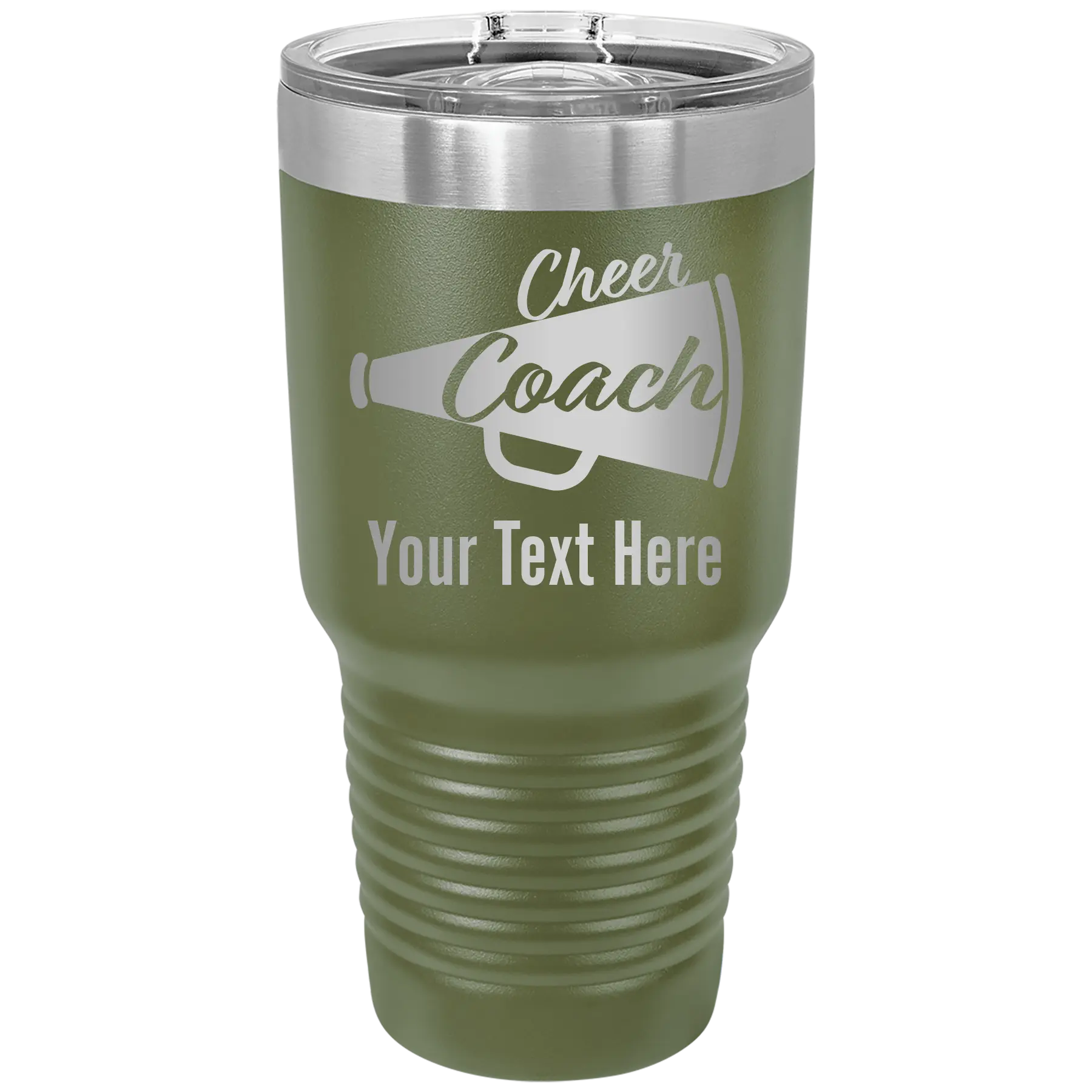 Personalized olive green 30 oz vacuum insulated tumbler with 'Cheer Coach2' design