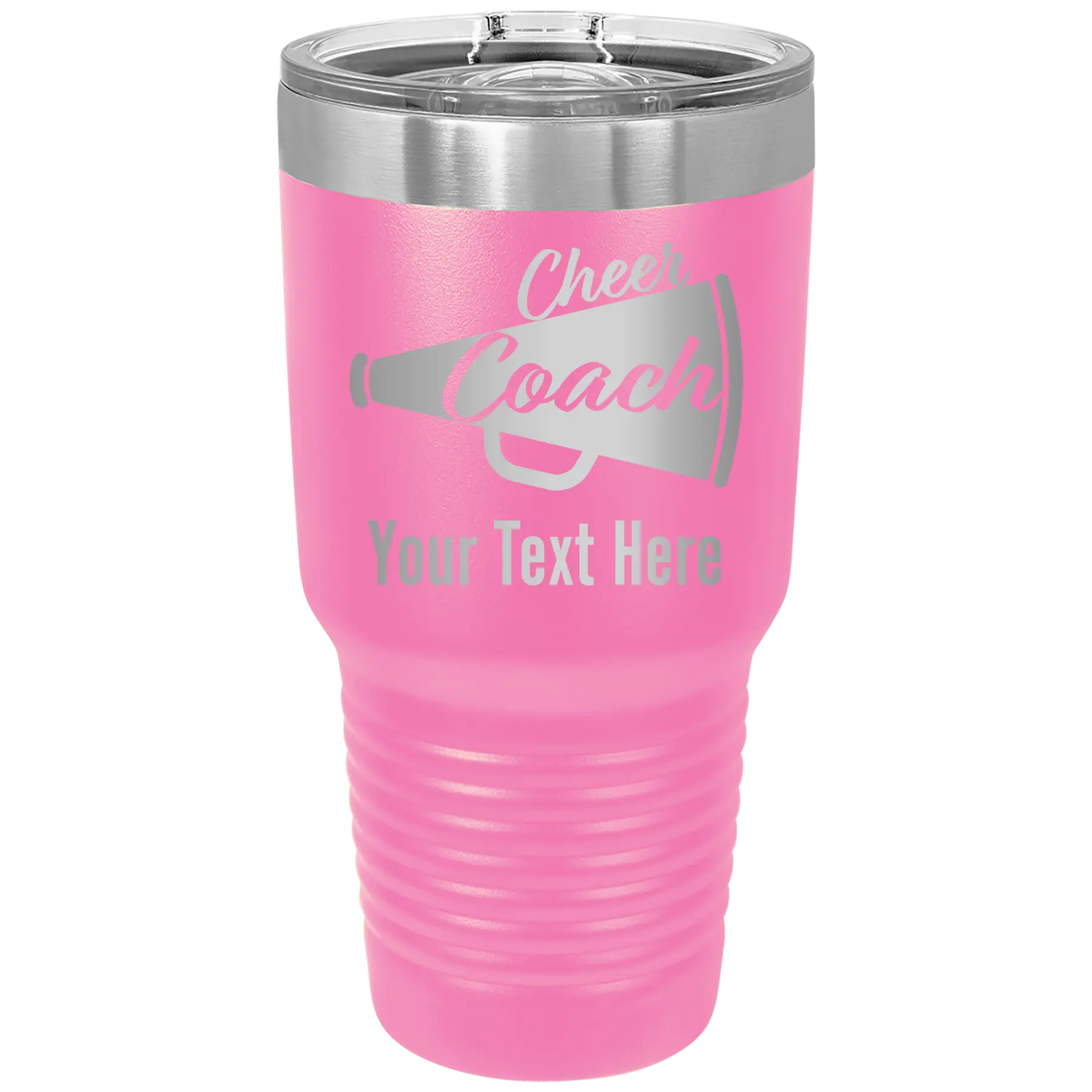 Personalized pink 30 oz vacuum insulated tumbler with 'Cheer Coach2' design
