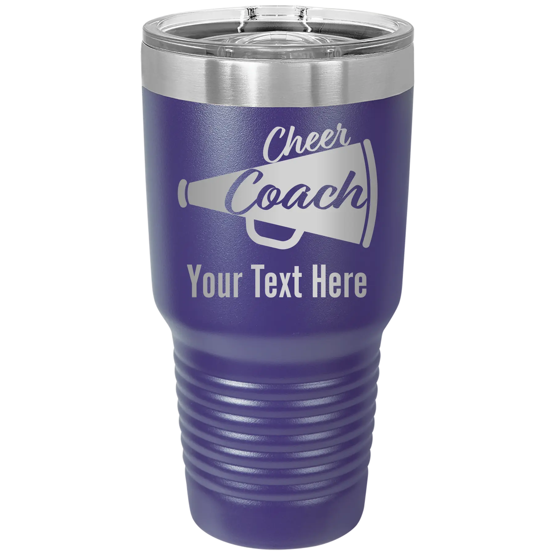 Personalized purple 30 oz vacuum insulated tumbler with 'Cheer Coach2' design