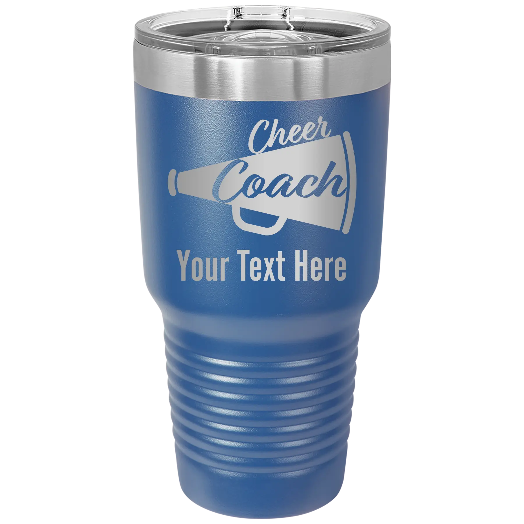 Personalized royal blue 30 oz vacuum insulated tumbler with 'Cheer Coach2' design