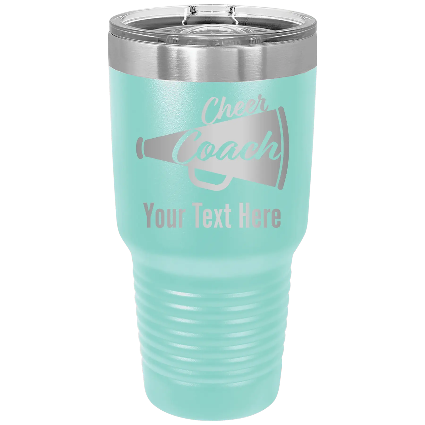 Personalized teal 30 oz vacuum insulated tumbler with 'Cheer Coach2' design