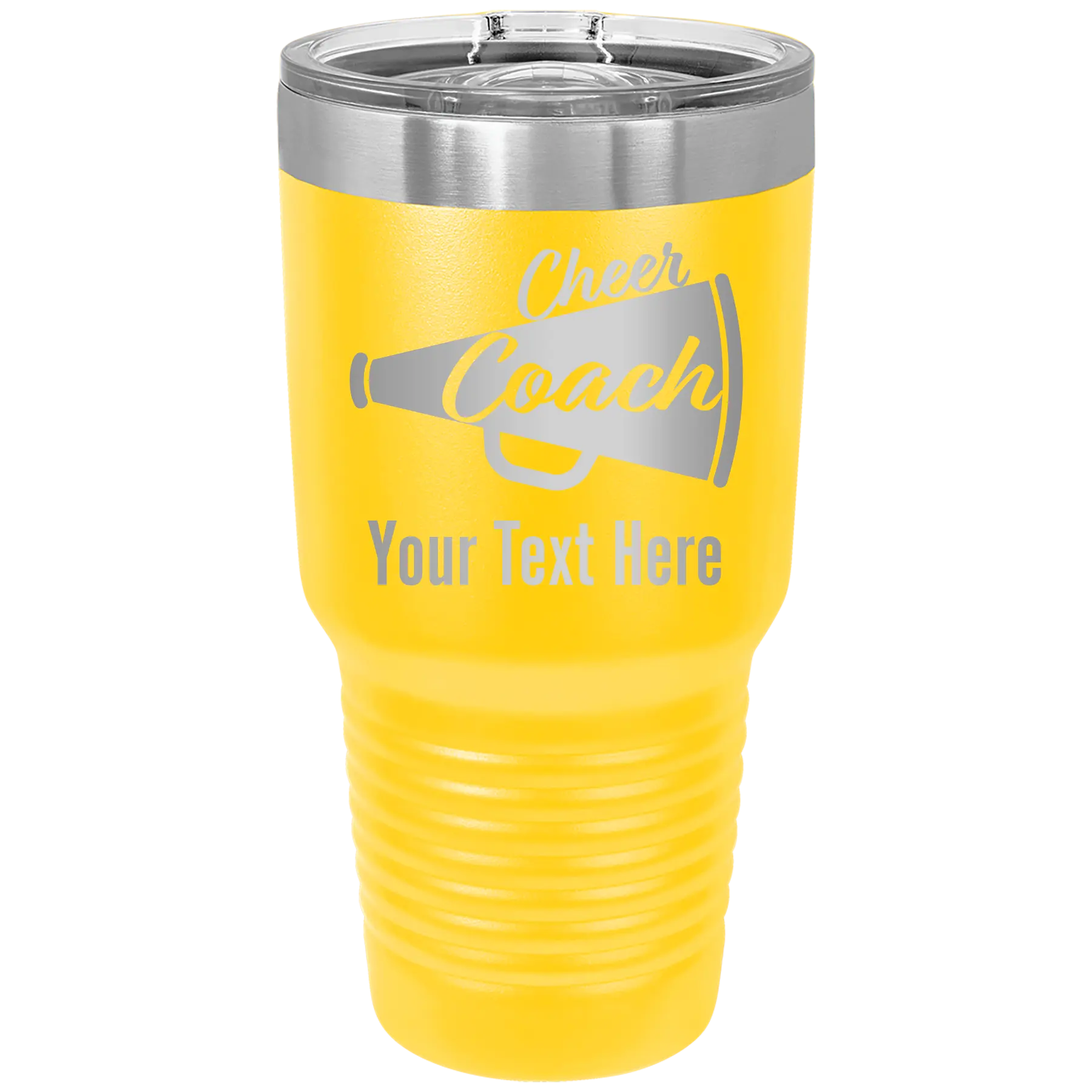 Personalized yellow 30 oz vacuum insulated tumbler with 'Cheer Coach2' design