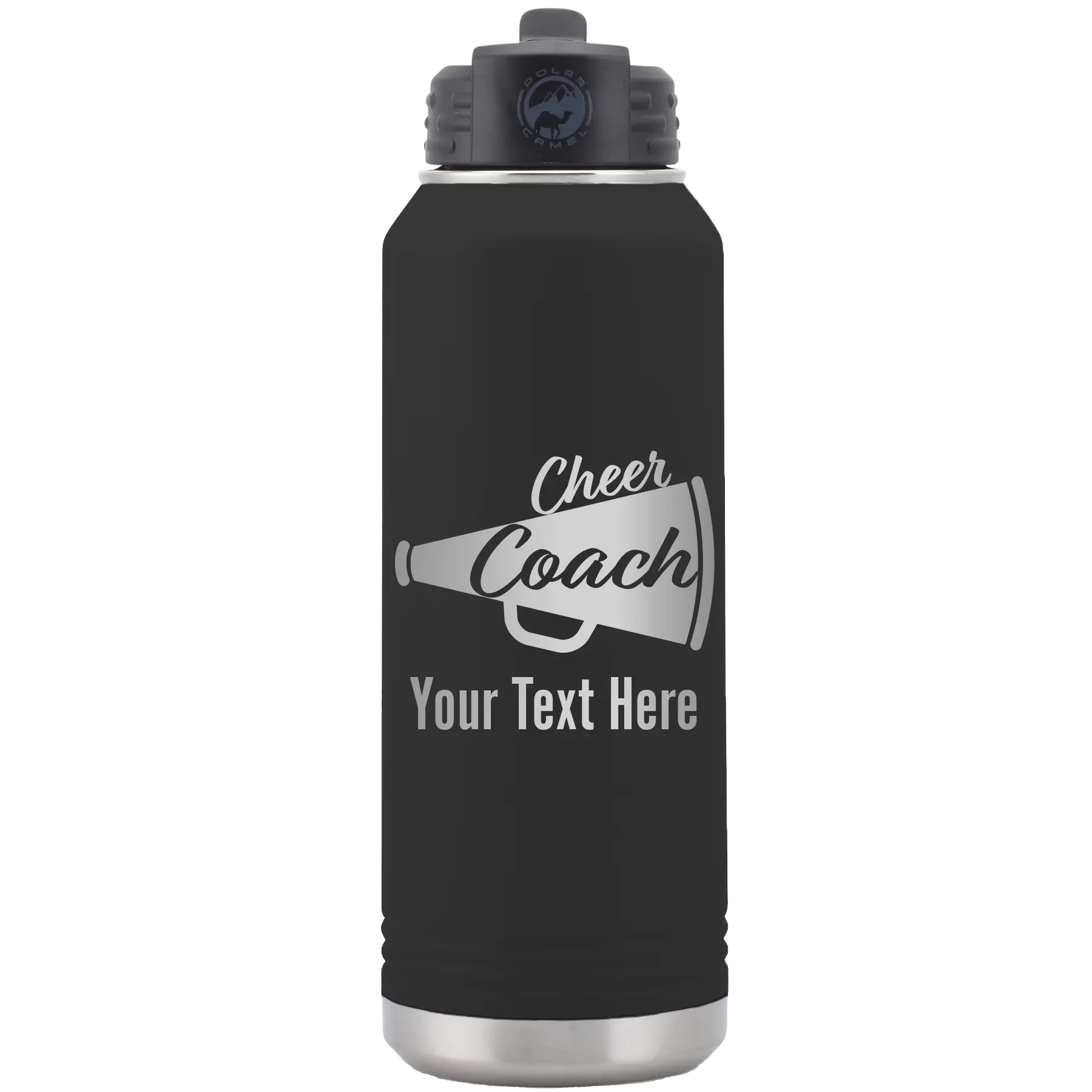 Personalized black 32 oz vacuum insulated water bottle with 'Cheer Coach2' design