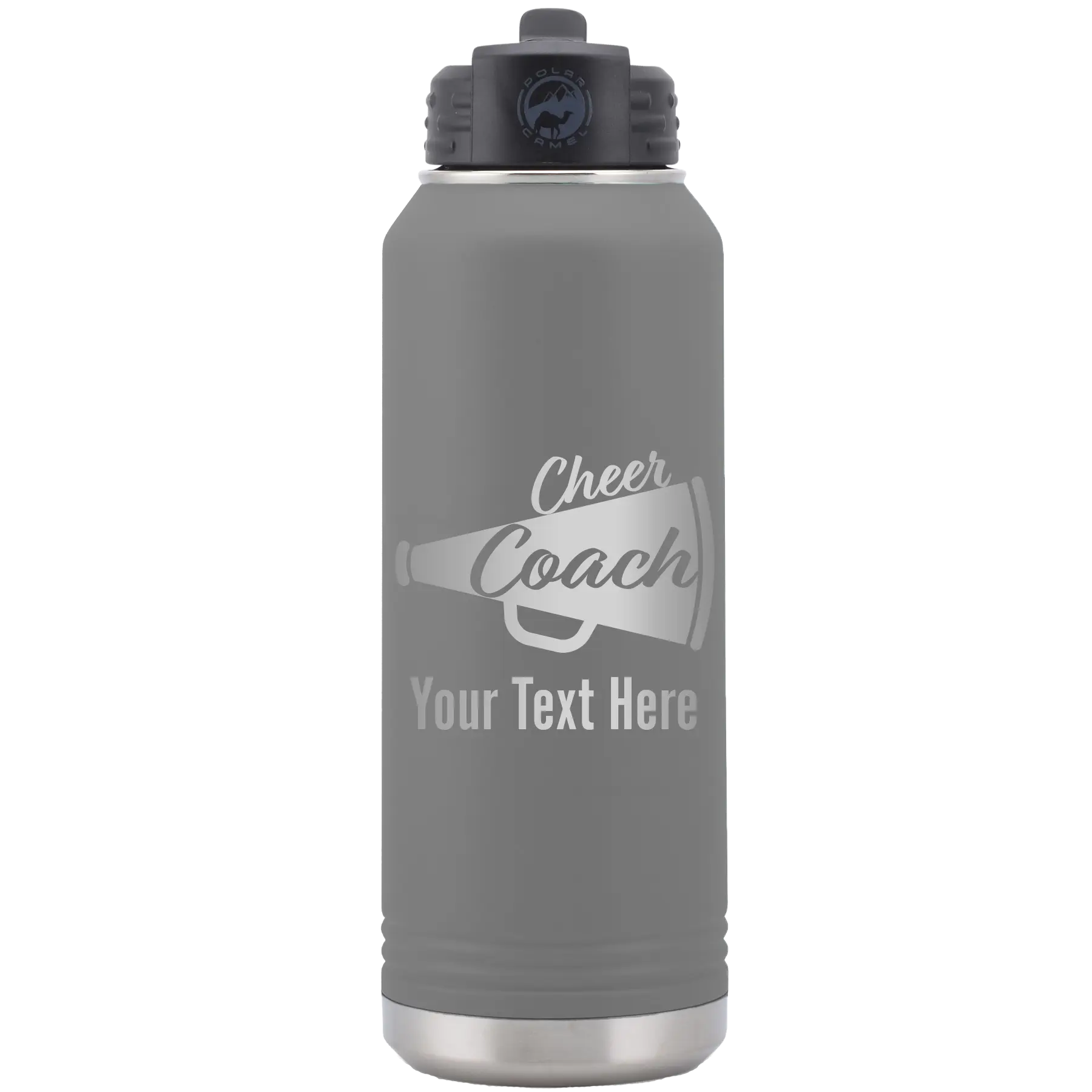 Personalized dark gray 32 oz vacuum insulated water bottle with 'Cheer Coach2' design