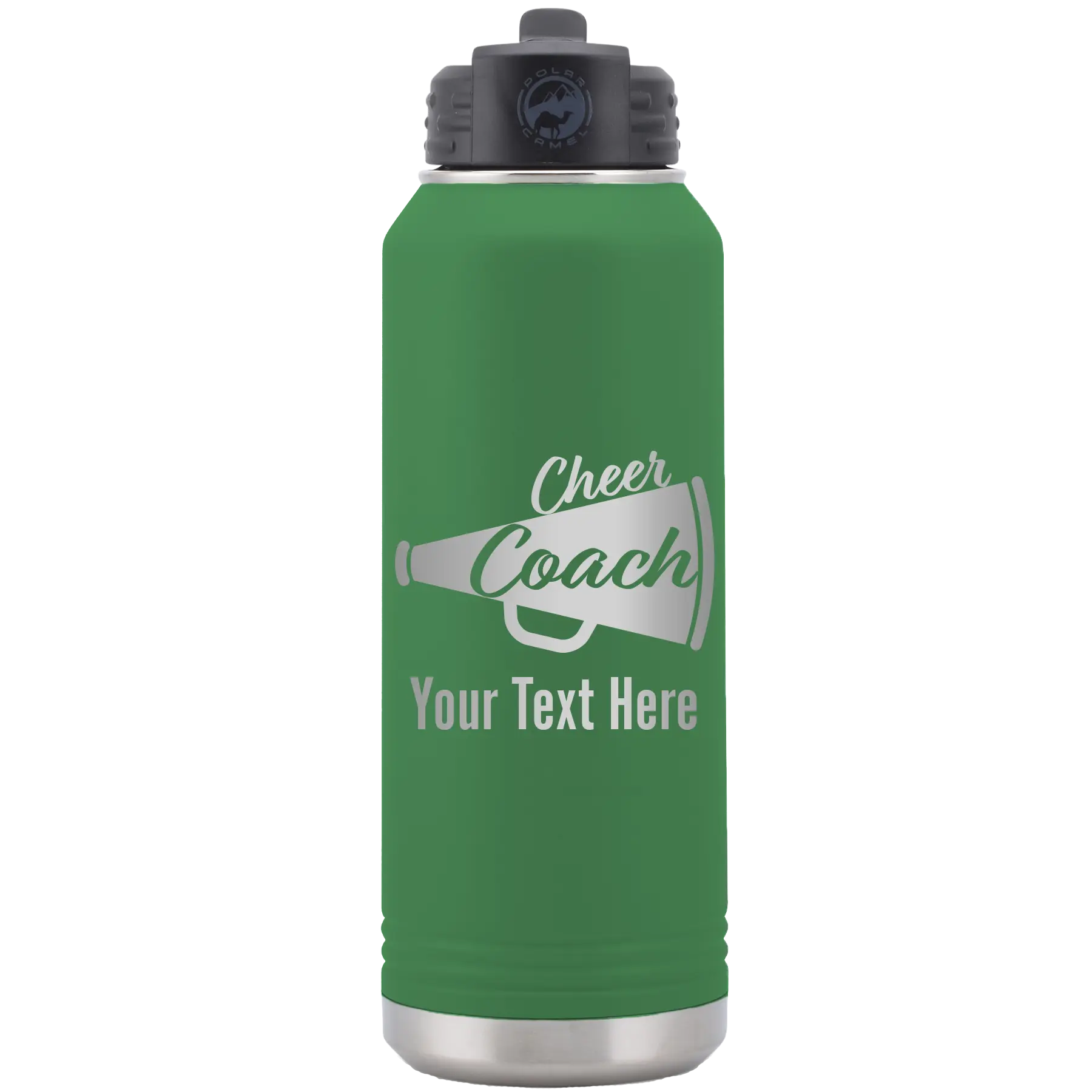 Personalized green 32 oz vacuum insulated water bottle with 'Cheer Coach2' design