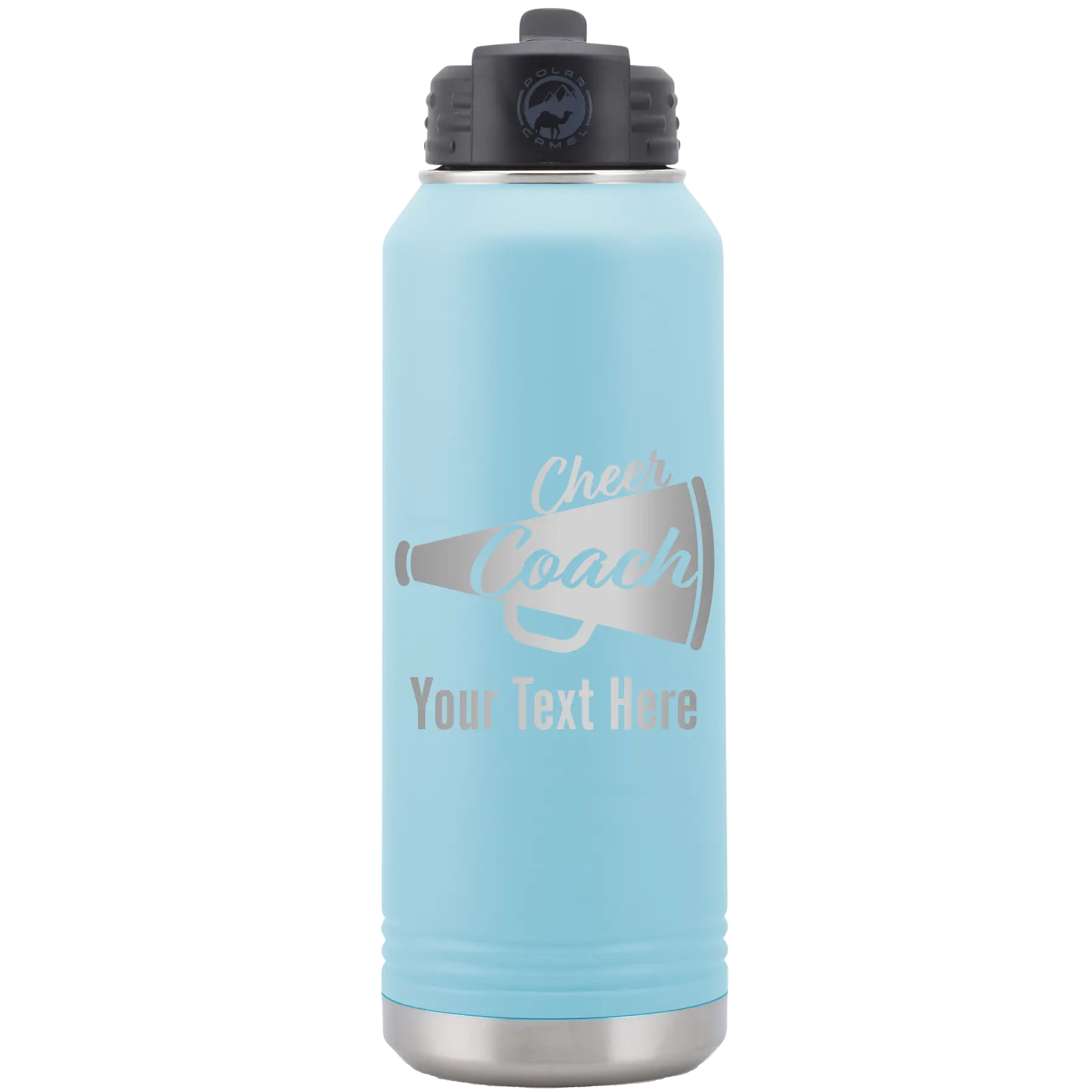 Personalized light blue 32 oz vacuum insulated water bottle with 'Cheer Coach2' design