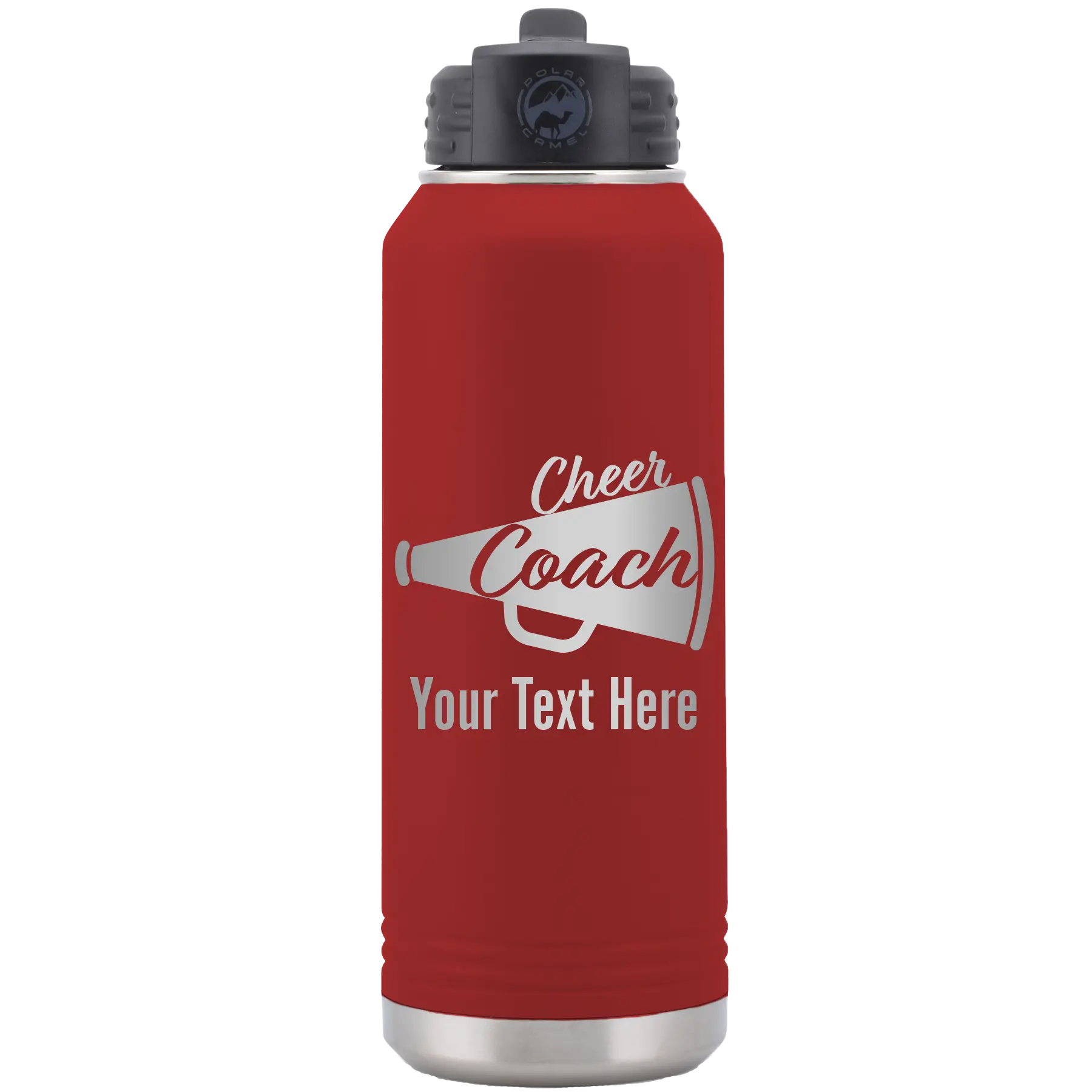 Personalized maroon 32 oz vacuum insulated water bottle with 'Cheer Coach2' design