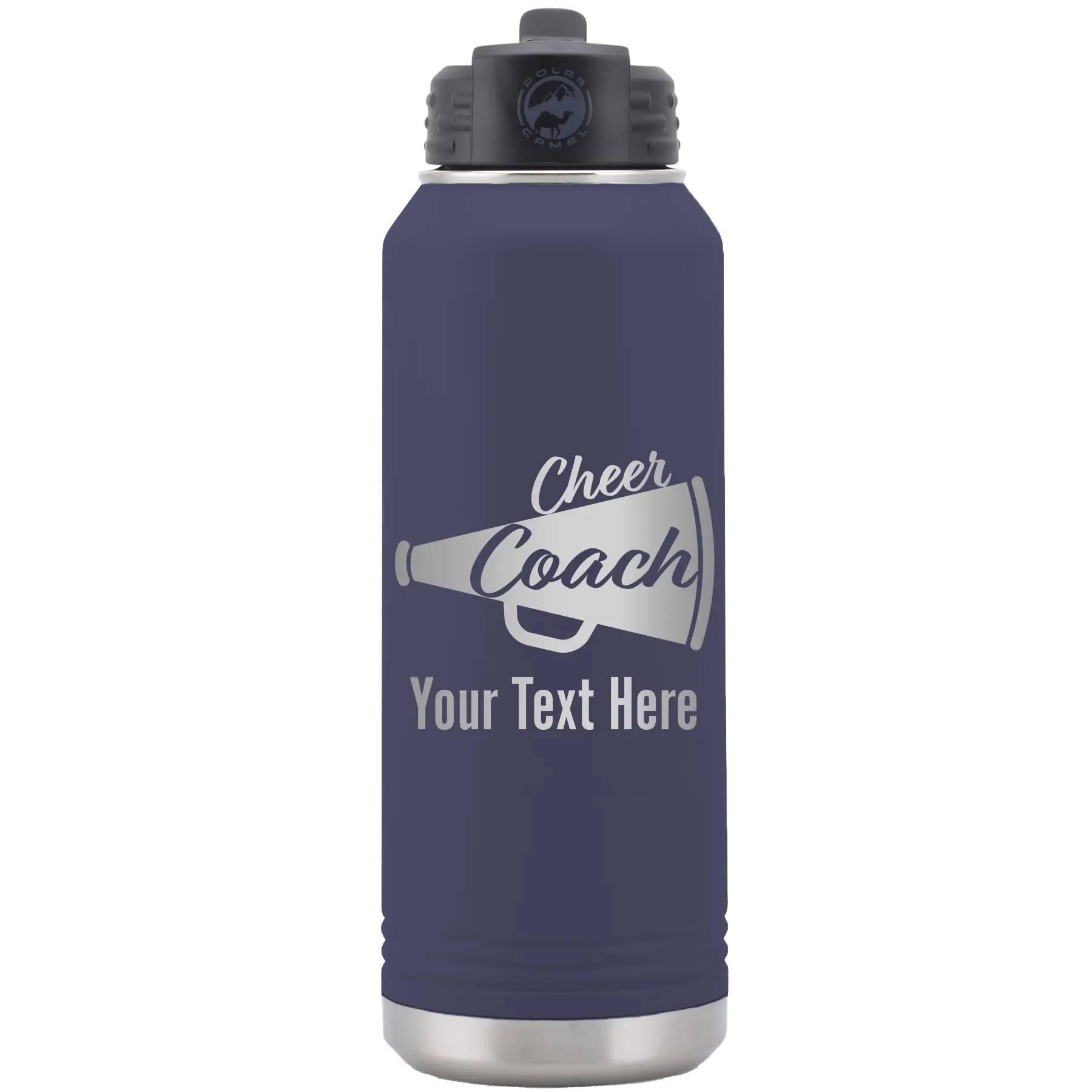 Personalized navy 32 oz vacuum insulated water bottle with 'Cheer Coach2' design