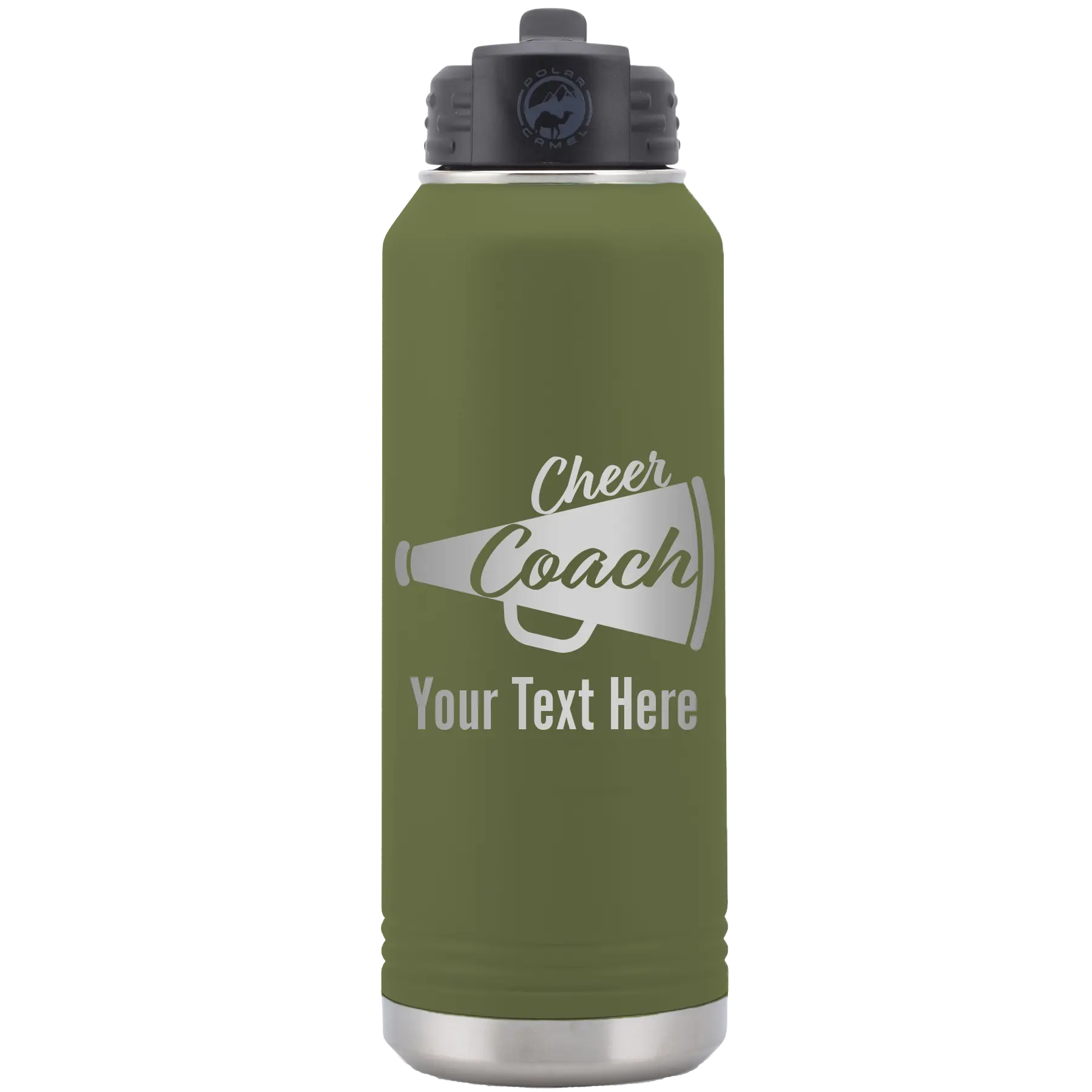 Personalized olive green 32 oz vacuum insulated water bottle with 'Cheer Coach2' design