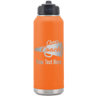 Personalized orange 32 oz vacuum insulated water bottle with 'Cheer Coach2' design